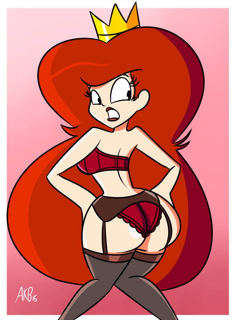 1girls, ass, atomickingboo, back, big ass, big butt, black eyes, bra, breasts, butt, crown, curvy, dat ass, dic entertainment, female, female only, garter, light skin, light-skinned female, lingerie, lips, lipstick, long hair, mario (series), nintendo, panties, princess peach, princess toadstool, princess toadstool (dic cartoons), red bra, red hair, red lipstick, red panties, red underwear, solo, stockings, strapless bra, super mario bros., the super mario bros. super show!, thighs, underwear, wide hips