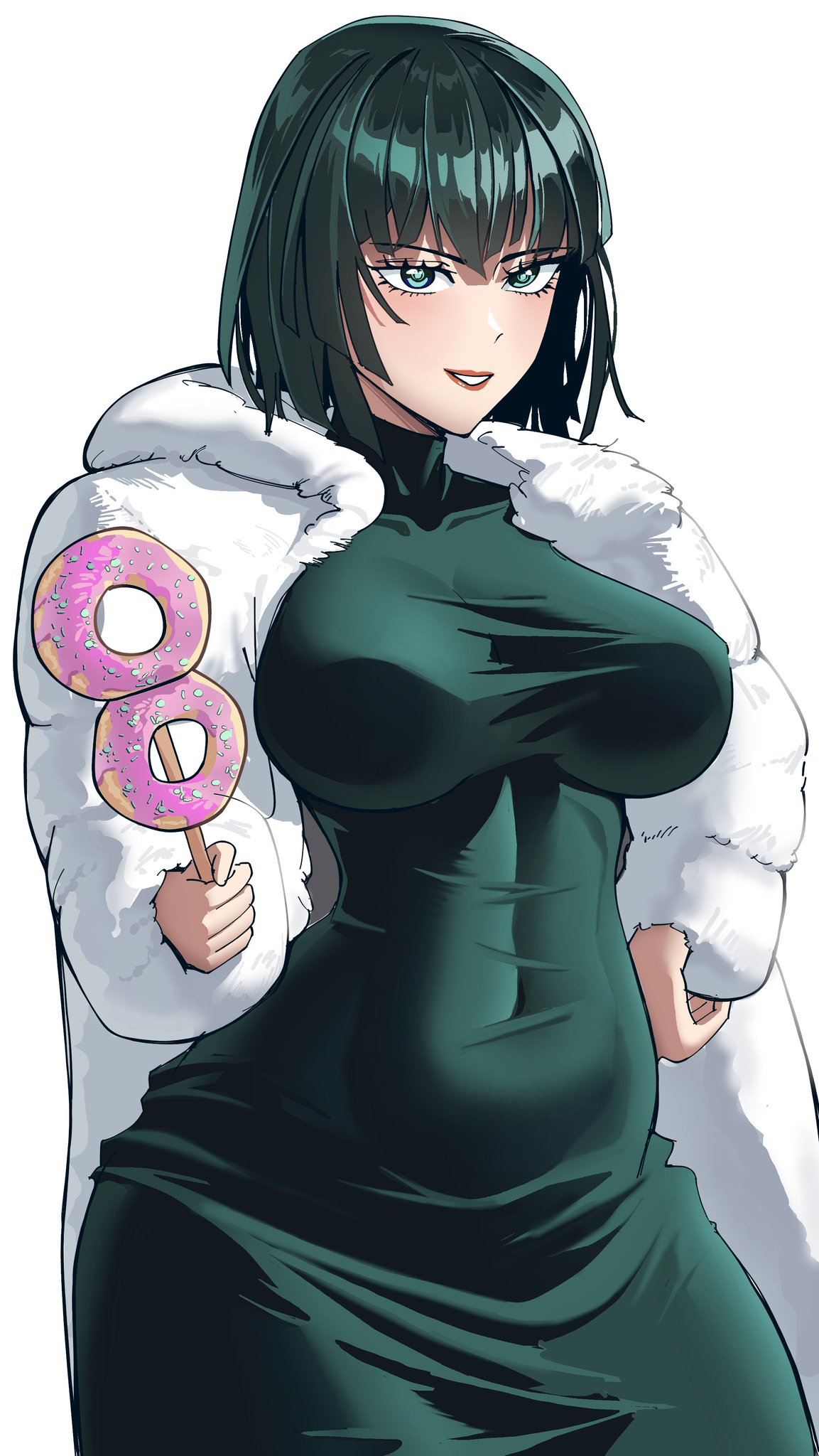 1girls, 2025, 2d, 2d (artwork), argentumhominem, big breasts, breasts, busty, busty female, clothed, clothed female, clothing, color, female, female focus, female only, food, fubuki (one-punch man), fully clothed, green eyes, green hair, hi res, human, human only, large breasts, light skin, light-skinned female, looking at viewer, offering food, one-punch man, sfw, short hair, simple background, solo, solo female, superheroine, thick thighs, white background