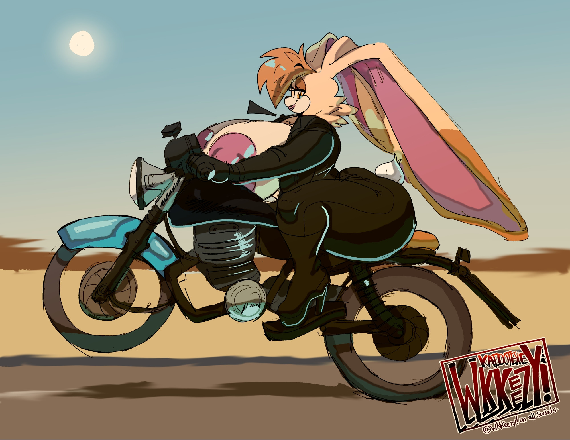 2025, anthro, beard, big breasts, big ears, biker girl, black bodysuit, black clothing, black nose, black skinsuit, blue clothing, blue eyes, blue topwear, blush, blush lines, bodysuit, boots, breasts, brown beard, brown eyeshadow, brown facial hair, cleavage, clothed, clothing, dedoggyskullz, desert, duo, eyelashes, facial hair, female, floppy ears, footwear, front view, fur, grey background, hair, head tuft, hi res, high heeled boots, high heels, huge breasts, human, human on anthro, hyper, hyper breasts, interspecies, lagomorph, leporid, long ears, looking at viewer, lop ears, male, mammal, mature female, motorcycle, narrowed eyes, nipples, rabbit, riding motorcycle, sega, shoes, simple background, skinsuit, smile, solo, sonic (series), sonic the hedgehog (series), tan body, tan fur, tan skin, teeth, tight clothing, tooth gap, topwear, tuft, vanilla the rabbit, vehicle, wkkeezy (artist)