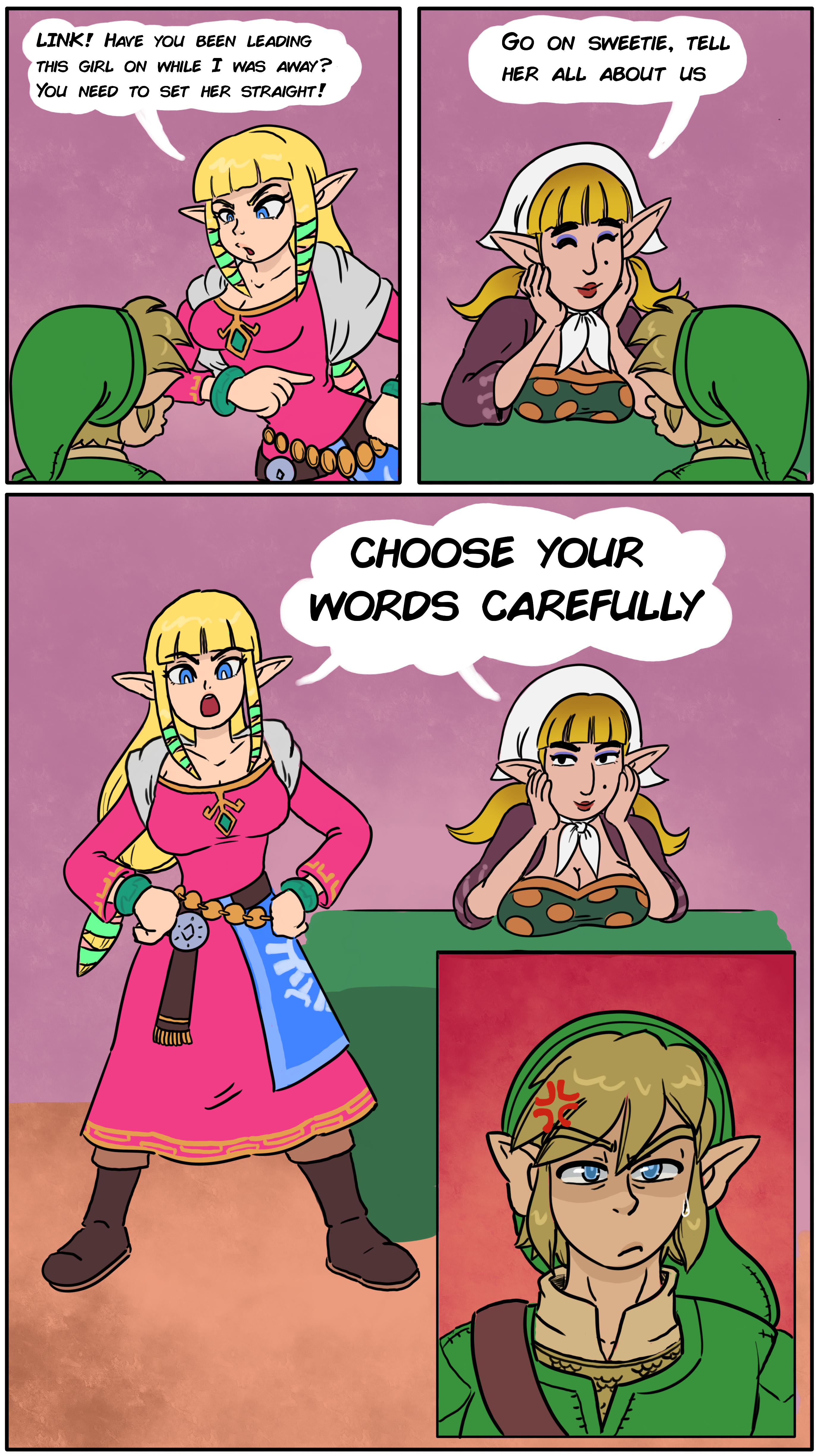 angry expression, comic, fighting over boy, link, link (skyward sword), peatrice, princess zelda, shonen glazing (artist), skyward sword, the legend of zelda, zelda (skyward sword)