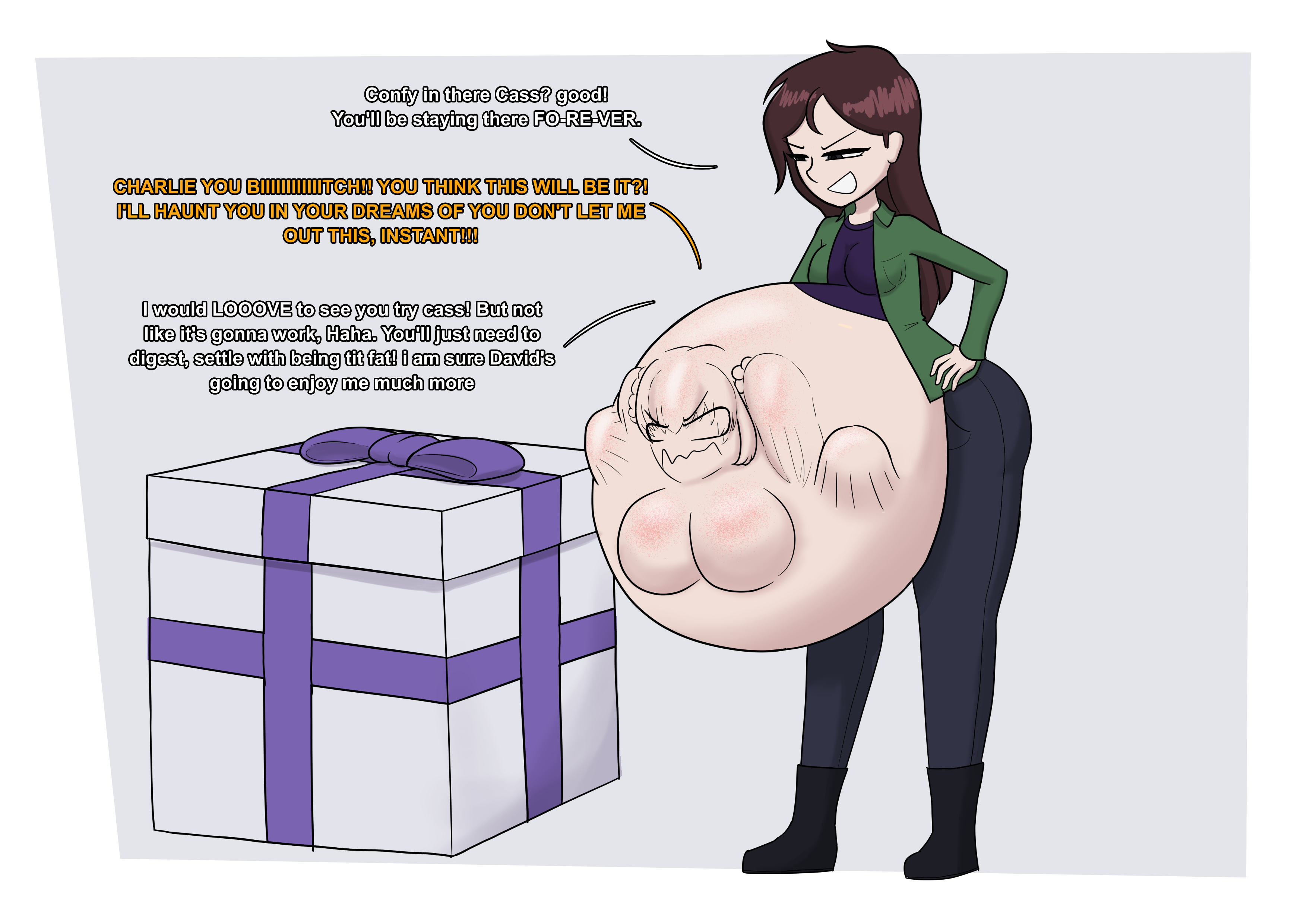 breasts, brown hair, cassidy (fnaf), charlie emily, dialogue, english text, female, female pred, female prey, female victim, females only, five nights at freddy's, five nights at freddy's 2, fnaf, fnaf 2, reirend, unwilling, unwilling prey, vore