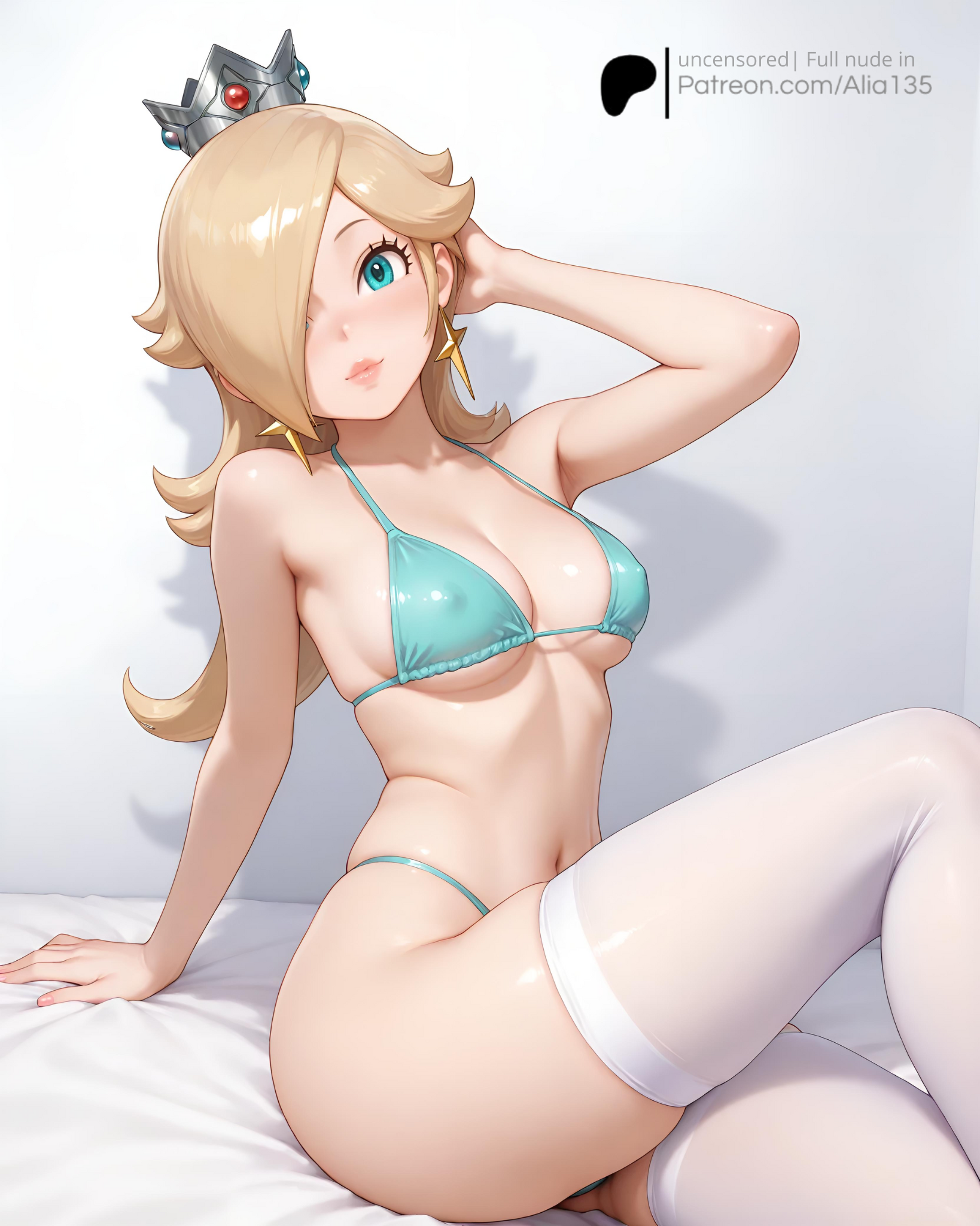 1girls, ai generated, arm support, bikini, bikini bottom, bikini top, blonde hair, blue bikini, blue bikini bottom, blue bikini top, blue eyes, breasts, clothing, crown, ear piercing, female, female only, hand on head, human, human only, legwear, light skin, light-skinned female, looking at viewer, mammal, mario (series), mature, mature female, nintendo, princess, princess rosalina, rosalina, royalty, sitting, solo, solo female, solo focus, super mario bros., super mario galaxy