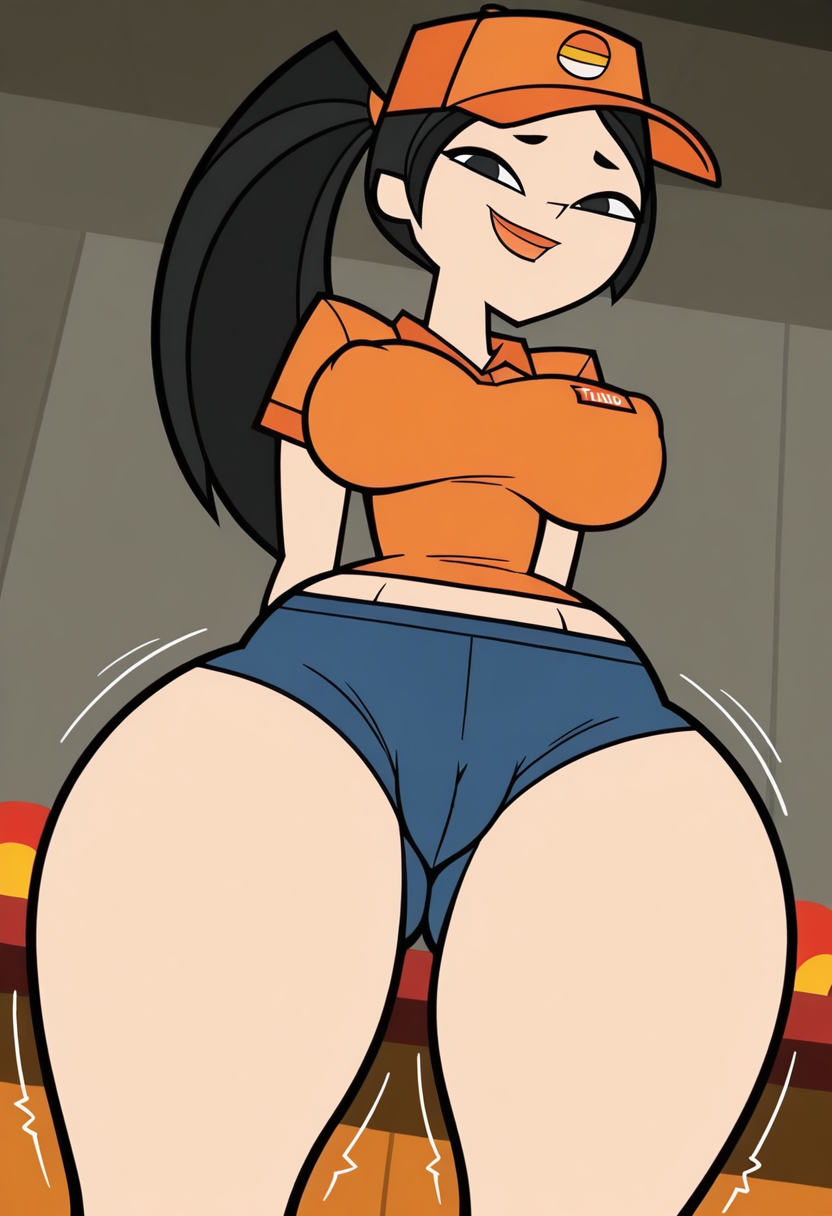 ai assisted, ai generated, arms behind back, black hair, breasts, employee uniform, evelynn (lowiqtaboo), fast food uniform, female, hat, large breasts, long hair, looking at viewer, lowiqtaboo, navel, oc, original character, ponytail, shirt, shorts, smile, solo, thick thighs, thighs