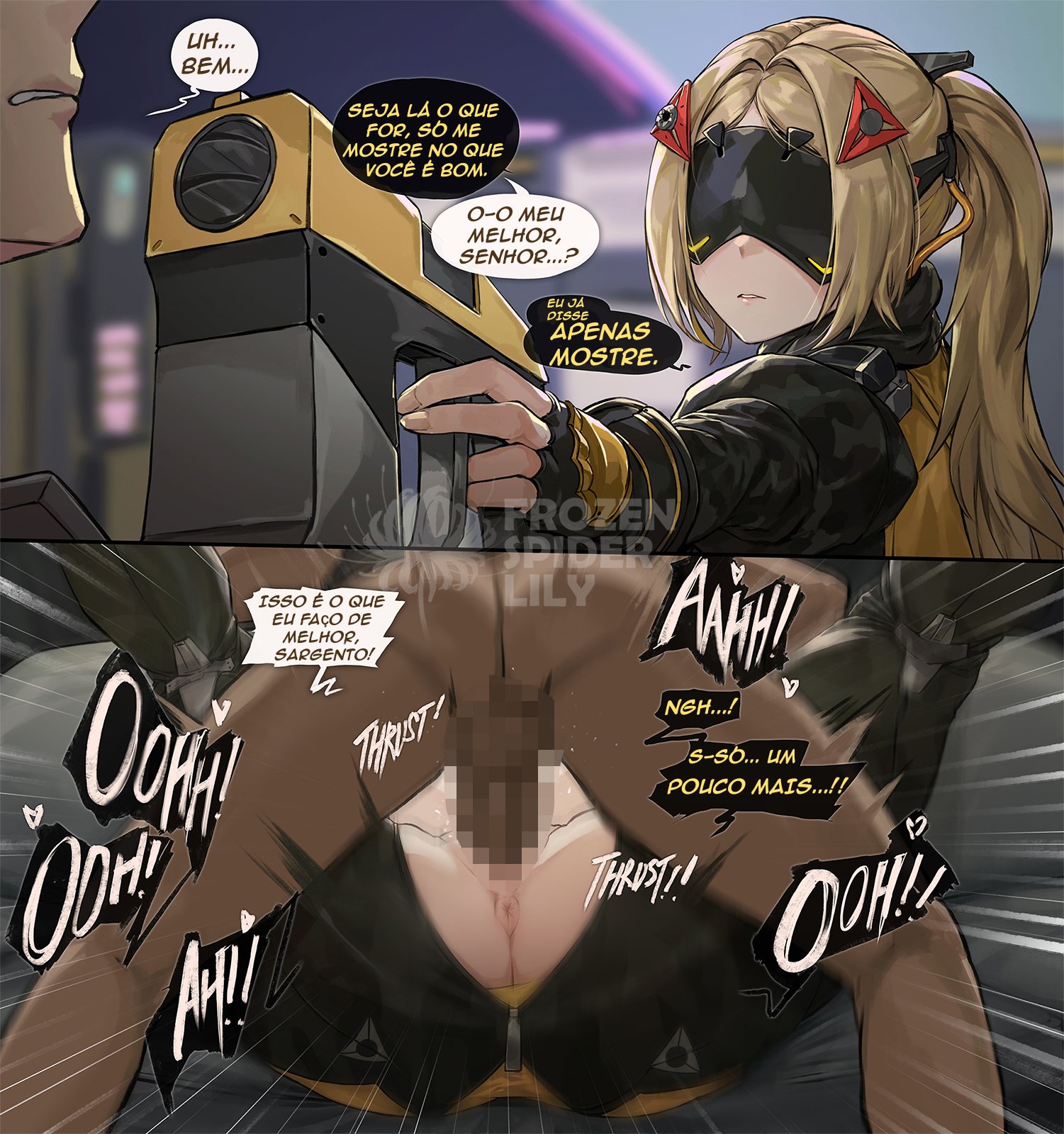 censored, dark-skinned male, female, frozenspiderlily, gunpoint, hoyoverse, instant loss 2koma, male, mating press, mosaic censoring, penis, penis in pussy, pussy, text, trigger (zenless zone zero), vaginal, vaginal penetration, vaginal sex, zenless zone zero