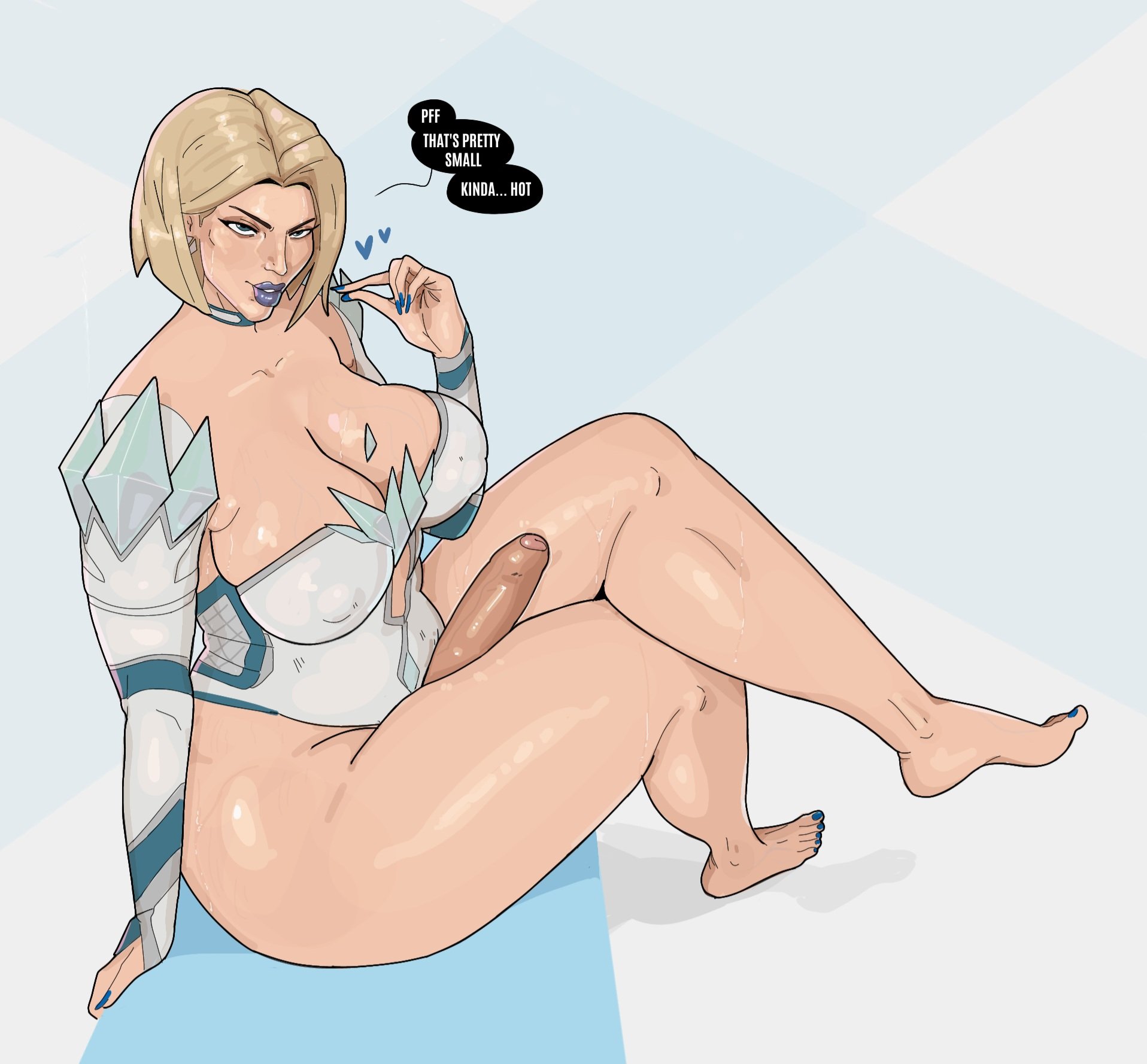 1futa, breasts, cleavage, clothed, clothing, crullet, dialogue, emma frost, emma frost (marvel rivals), futa only, futanari, huge breasts, huge cock, human, intersex, large breasts, markings, marvel, marvel comics, marvel rivals, partially clothed, penis, sitting, solo, solo futa, text