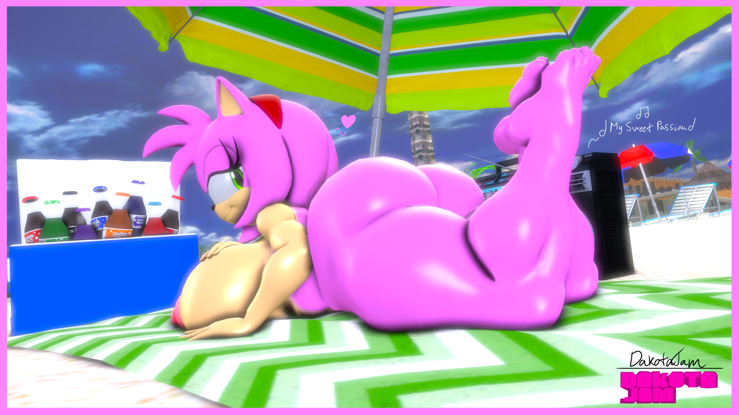 accessory, amy rose, anthro, ass, beach, beach chair, beach towel, beach umbrella, bedroom eyes, beverage, big breasts, big butt, boombox, breasts, cooler, dakotajam, dj ballistic5, eulipotyphlan, female, hand on breast, headband, headband only, heart symbol, hedgehog, hi res, huge breasts, huge butt, legs up, looking at viewer, looking back, lying, mammal, narrowed eyes, nude, on front, parasol, seductive, sega, soda, soda bottle, solo, sonic (series), sonic the hedgehog (series), thick thighs, towel