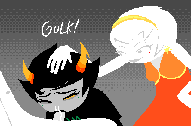 1boy, 2girls, blowjob, cum, cum in nose, female, gagging, holding head, homestuck, kanaya maryam, lesbian with male, male, orientation play (lore), rose lalonde, tagme, trollcall