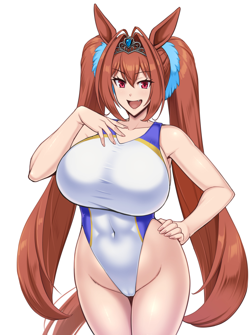 breasts, curvy, daiwa scarlet (umamusume), fang, female, hand on chest, hand on hip, huge breasts, kawanuma uotsuri, long hair, smile, solo, thick thighs, umamusume, v-shaped eyebrows, voluptuous, wide hips