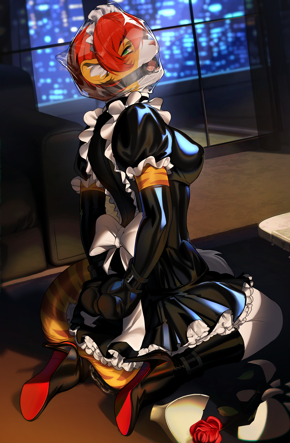 anthro, asphyxiation, bagged, bagging, begging, bondage, bound, breath play, breathing, chains, clothing, collar, felid, feline, female, gag, gagged, gagged drooling, handwear, hi res, hidden vibrator, latex, maid uniform, mammal, masochism, merle jagger, mittens, original character, pantherine, plastic bag, riffraffhellyea, ring gag, science fiction, sex toy, slariojaegerjaquez, solo, uniform, vibrator