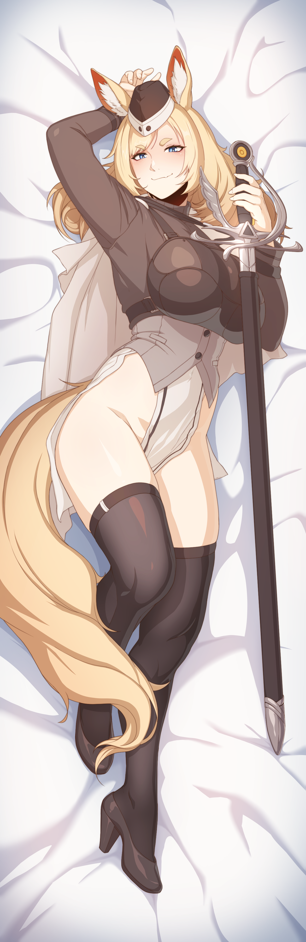 1girls, animal ears, arknights, black legwear, black stockings, blonde hair, blue eyes, bushy eyebrows, cap, chestplate, dress, fangs, female, female only, full body, hand behind head, high heels, highres, hips, horse ears, kemonomimi, legs, legwear, light skin, light-skinned female, long hair, looking at viewer, lying, lying on back, lying on bed, mature female, navel visible through clothes, no panties, nose, on bed, one leg bent, shoes, smile, smirk, smug, solo, stockings, sulcate, sword, tail, thighs, topwear, waist, whislash (arknights)