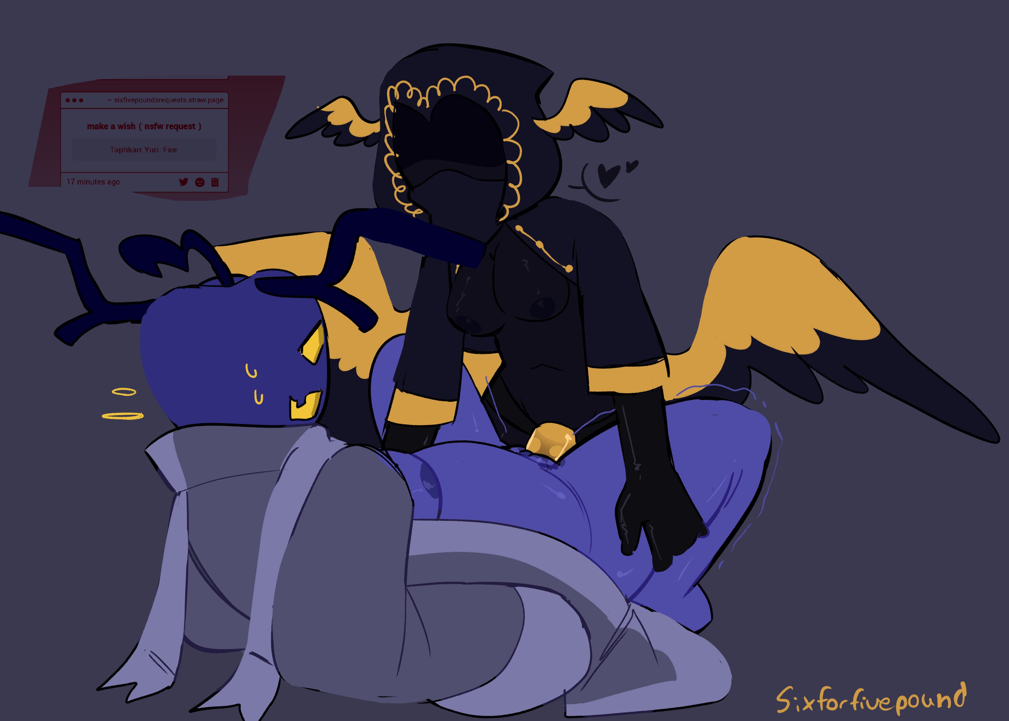 absurd res, animal humanoid, avian, avian humanoid, black body, black feathers, blue body, bottomless, breasts, clothed, clothing, duo, dusekkar, dusekkar (forsaken), feathers, female, female penetrated, female penetrating, female penetrating female, female/female, for a head, forsaken (roblox), from front position, grey clothing, grey robe, hi res, hood, humanoid, mtf crossgender, nipples, nonbinary (lore), object head, penetration, pussy, request, robe, roblox, roblox game, robloxian, rule 63, sex, sex toy, sixforfivepound, slightly chubby, slightly chubby female, strap-on, strapon, strapon in pussy, strapon sex, strawpage, strawpage request, taph (forsaken), toying partner, vaginal penetration, winged humanoid, wings, yellow body, yellow feathers