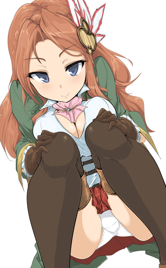 blue_eyes blush breasts brown_gloves brown_hair brown_legwear cleavage cleavage_cutout female gloves granblue_fantasy hair_ornament heart-shaped_pupils karen_(granblue_fantasy) large_breasts long_hair looking_at_viewer momio panties pantyshot pantyshot_(squatting) skirt smile solo squatting symbol-shaped_pupils thighhighs tsurime underwear white_panties