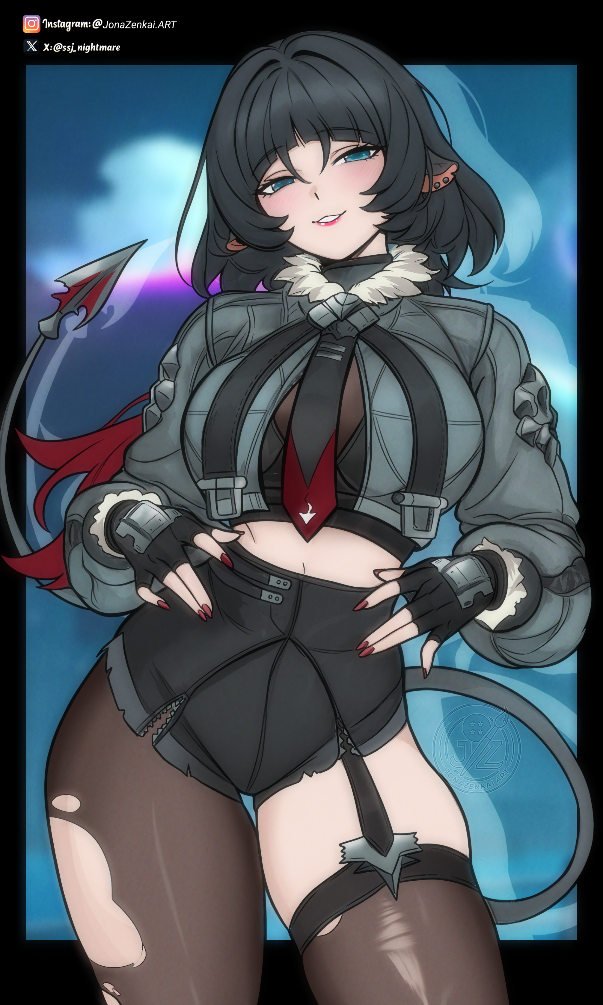 1girls, big breasts, black hair, digital drawing (artwork), gokthan, gokthan (artist), hoyoverse, jane doe (zenless zone zero), rat tail, red hair, ripped stockings, small waist, stockings thigh highs, two-tone hair, zenless zone zero