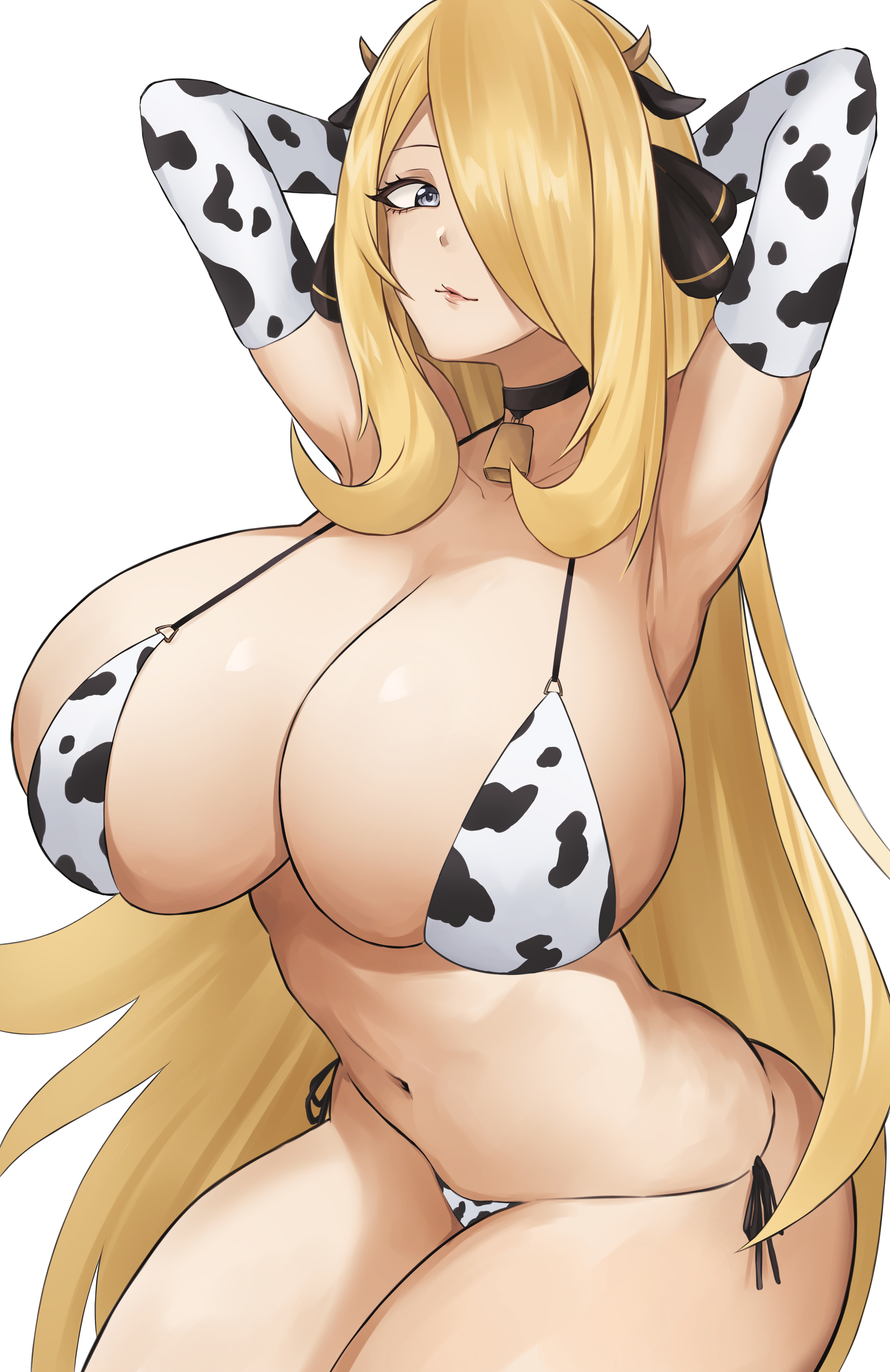 absurdres, alternate breast size (larger), animal ears, animal print, armpits, arms behind head, arms up, bell, bikini, black choker, blonde hair, breasts, choker, commentary request, cow ears, cow horns, cow print, cow print bikini, cow print gloves, cowbell, cynthia (pokemon), elbow gloves, female, game freak, gloves, grey eyes, hair ornament, hair over one eye, highres, horns, huge breasts, long hair, looking at viewer, micro bikini, mihiro (mitumitu3232ish), navel, neck bell, nintendo, pokemon, pokemon dppt, print bikini, print gloves, simple background, sitting, solo, stomach, swimsuit, very long hair, white background