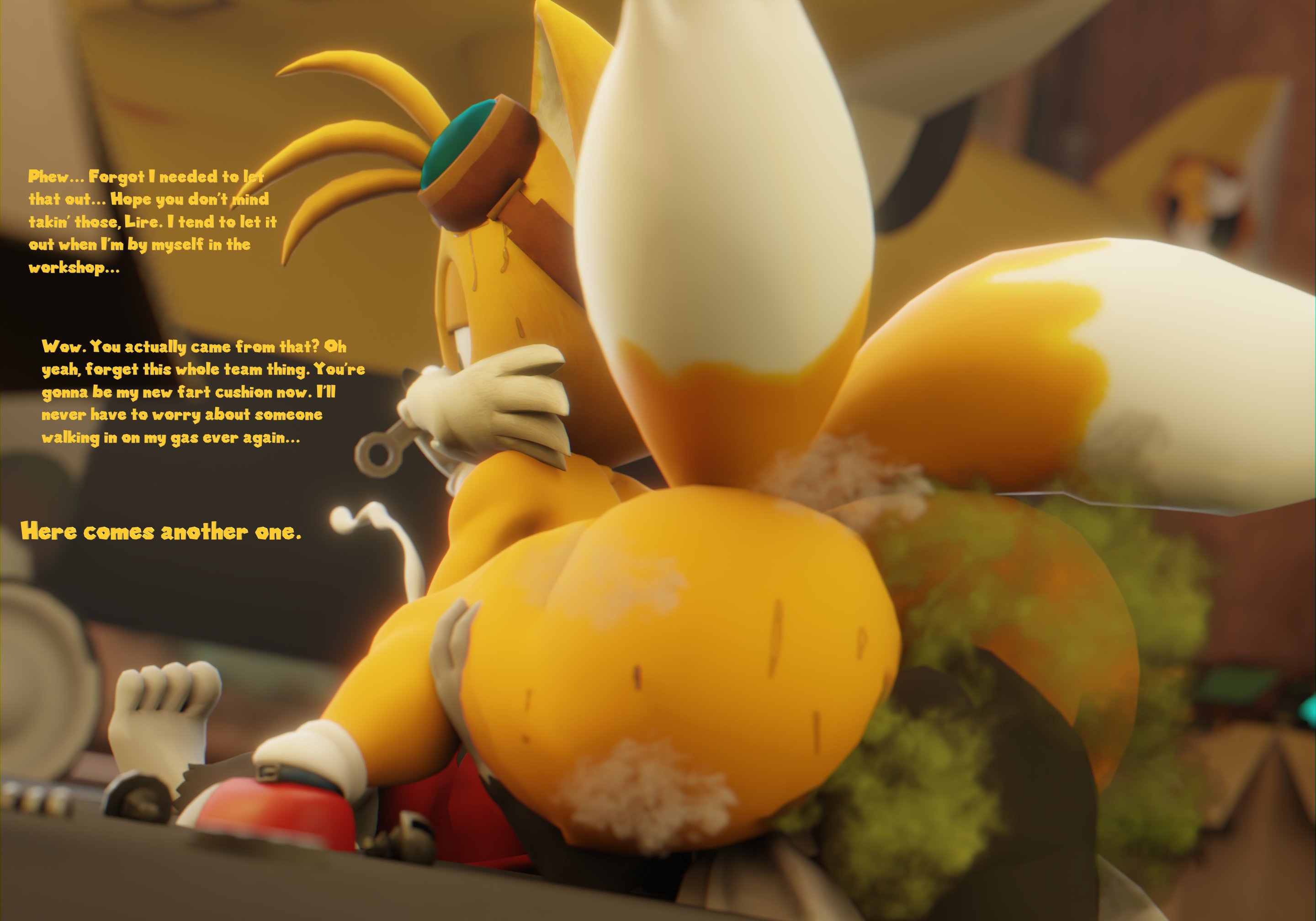 2 tails, 2boys, 3d, 3d (artwork), ass, ass focus, black fur, cum, cumming, cumshot, detailed background, doommusk, eating ass, facefart, facesitting, fart, fart cloud, fart fetish, farting, farting in face, farting on another, farting on face, fox, furry, gay, goggles, goggles on head, green fart, green fart cloud, hand on thigh, haplorhine, holding object, indoors, laying on floor, lire (doommusk), looking back, looking down at partner, male, male fart, mammal, monkey, orange fur, primate, rear view, red pants, red shoes, sitting on another, sonic (series), sweat, sweaty butt, tails the fox, text, thick thighs, two-tone fur, white fur, white gloves, white socks
