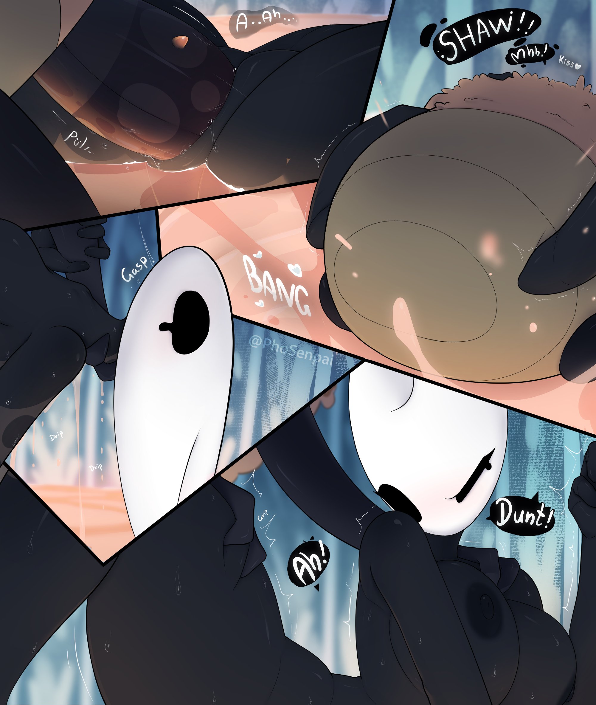 1boy, 1girls, areola, ass, bathing, bathtub, big ass, big breasts, big thighs, blush, breasts, bug, bug girl, comic, dialogue, dubious consent, female, flea, flea (hollow knight), hollow knight, hollow knight: silksong, hornet (hollow knight), hot spring, insect girl, insects, kratt (hollow knight), large breasts, male, mask, neck grab, nipples, nude, overpowered, penetration, penis, penis in pussy, phosenpai, pussy, rape, raped female, tagme, team cherry, text, thick thighs, thighs, water, wet body, wet skin