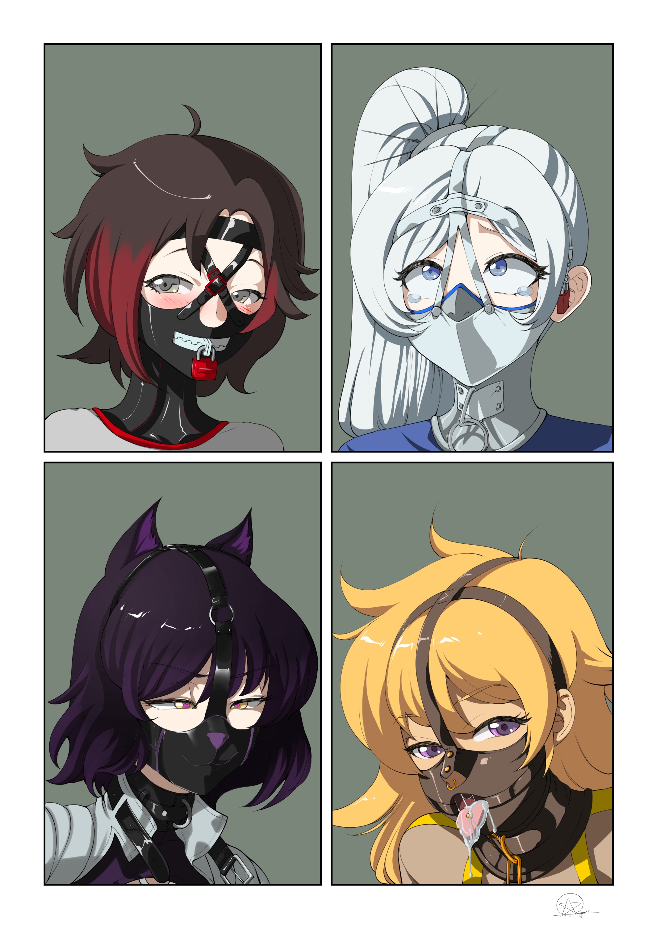 apocalipsejack, blake belladonna, bondage, cat ears, catgirl, collar, collared, female, female only, gag, gagged, gagged female, harness gag, latex, muzzle, muzzle gag, muzzled, nose piercing, posture collar, ring gag, ruby rose, rwby, tongue out, tongue piercing, weiss schnee, yang xiao long, zipper mouth