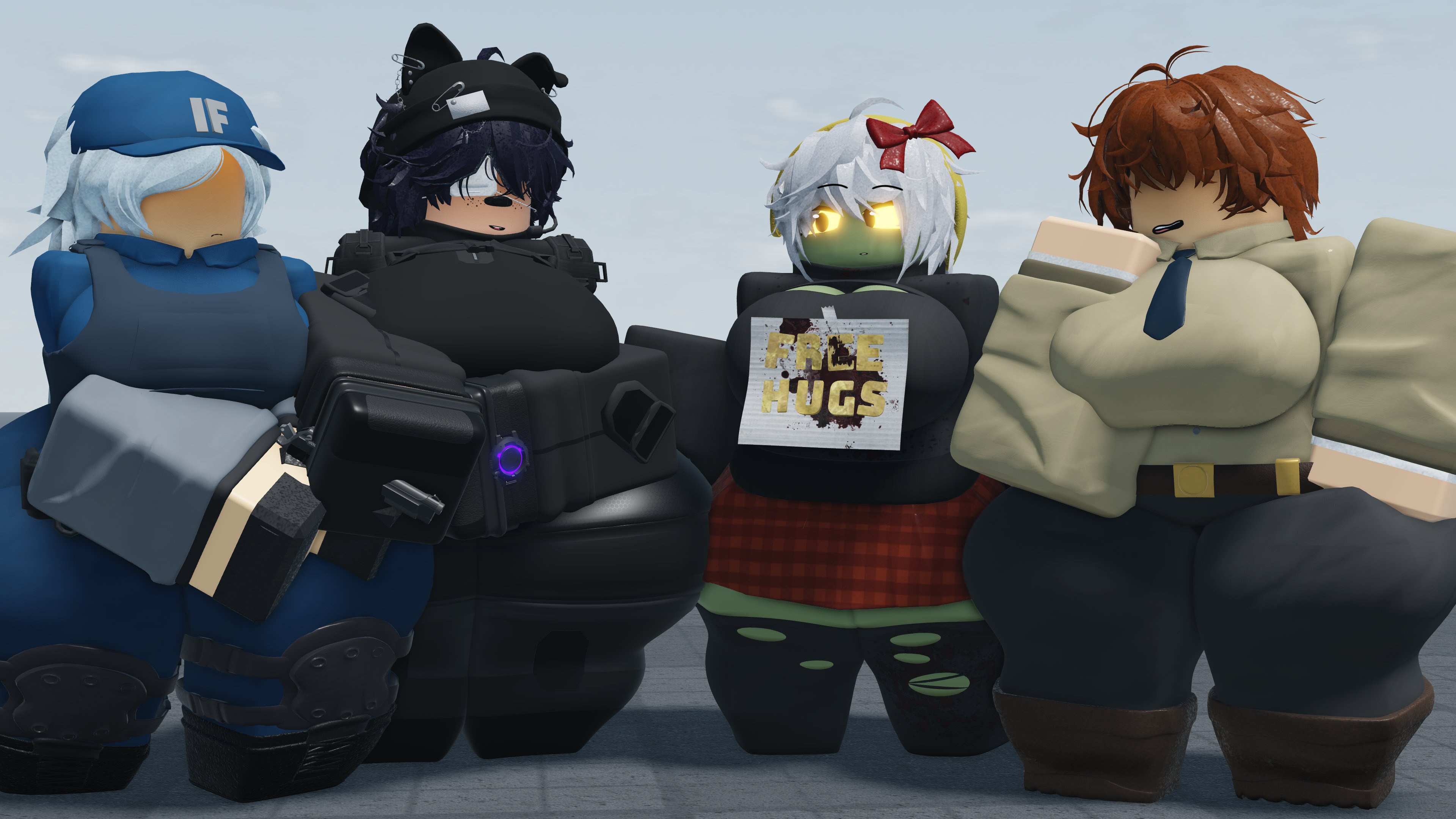 3d, 3d (artwork), 3d background, 3d model, 3d render, 4girls, ass, ass bigger than head, background, baseplate, big ass, big breasts, big butt, big thighs, black hair, blender, blender (artwork), blender (software), breasts, breasts bigger than head, bubble butt, butt focus, caffinatedbuns, clothed, clothed female, clothed/nude, clothes, clothing, curvaceous, curvaceous female, curvaceous figure, curves, curvy, curvy body, curvy female, curvy figure, curvy hips, curvy thighs, cute, cute expression, cute face, dead ahead, enormous ass, enormous breasts, enormous butt, enormous thighs, enormous tits, fan character, female, female focus, female only, females, females focus, females only, free hugs (dead ahead), gloves, gloves only, green body, green eyes, green skin, group, helmet, helmet only, horny, horny female, huge ass, huge breasts, huge butt, huge thighs, lilly (voltjolt), looking at partner, massive ass, massive boobs, massive breasts, massive butt, massive thighs, massive tits, milf, military, military clothing, military hat, military uniform, oc, original, original character, pants, pepper (dead ahead), police, police hat, police officer, police uniform, policewoman, public, public exposure, roblox, roblox background, robloxian, round ass, round breasts, round butt, security guard, security uniform, seductive, seductive body, seductive look, seductive pose, serious, serious face, serious look, standing, stockings, tactical gear, tactical vest, thick, thick ass, thick butt, thick hips, thick legs, thick thighs, tits bigger than head, torn clothes, torn clothing, torn legwear, white hair, white skinned female, willy (dead ahead), xena (caffinatedbuns), young, young female, younger female, zombie, zombie girl, zombies