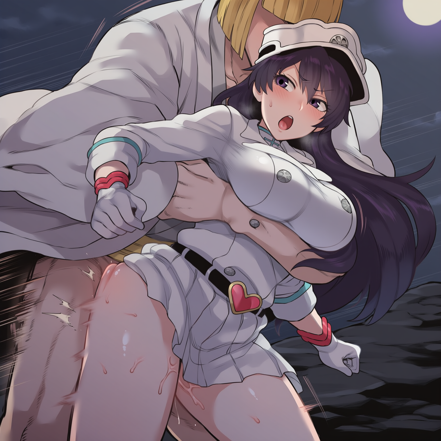 1boy, absurd res, absurdres, ai generated, ass, bambietta basterbine, bent over, black hair, bleach, bleach: the thousand-year blood war, blush, breasts, color, curvy, darklust, deep penetration, doggy style, faceless male, female, grabbing, grabbing from behind, hi res, high resolution, highres, hirako shinji, human, large breasts, male, military, military hat, military uniform, motion blur, motion lines, muscular, muscular male, novelai, purple eyes, pussy, self upload, sex, sex from behind, slim waist, speed lines, standing, straight, sweat, tagme, taller male, toned male, uncensored, vaginal insertion, vaginal penetration, white jacket