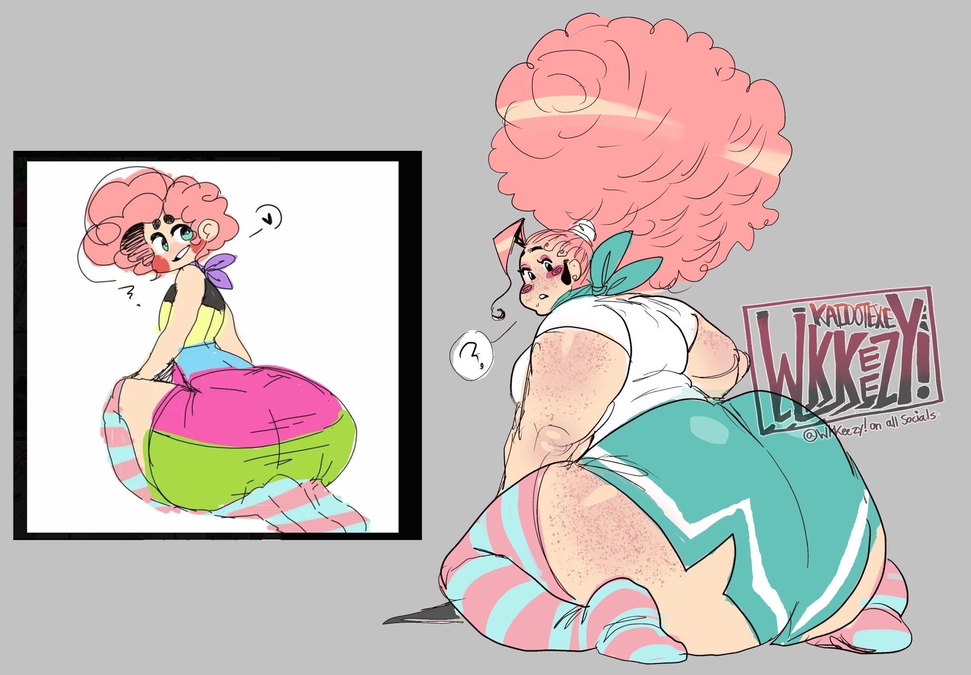 2025, artist signature, ass, back view, backside, beobii, big ass, big ass (male), blush, chubby, chubby femboy, chubby male, dedoggyskullz, eyebrows, fat, fat ass, fb (wkkeezy), fearthyneighbor (arg), femboy, freckles, freckles on ass, huge ass, human, long socks, looking at viewer, male, male only, oliver wright (flowerboy), pink hair, poofy hair, prequel, puffy hair, rear view, redraw, scarf, sexy clothing, shortstack femboy, sketch, stockings, thick ass, thick thighs, voluptuous, voluptuous femboy, wide hips, wkkeezy (artist)
