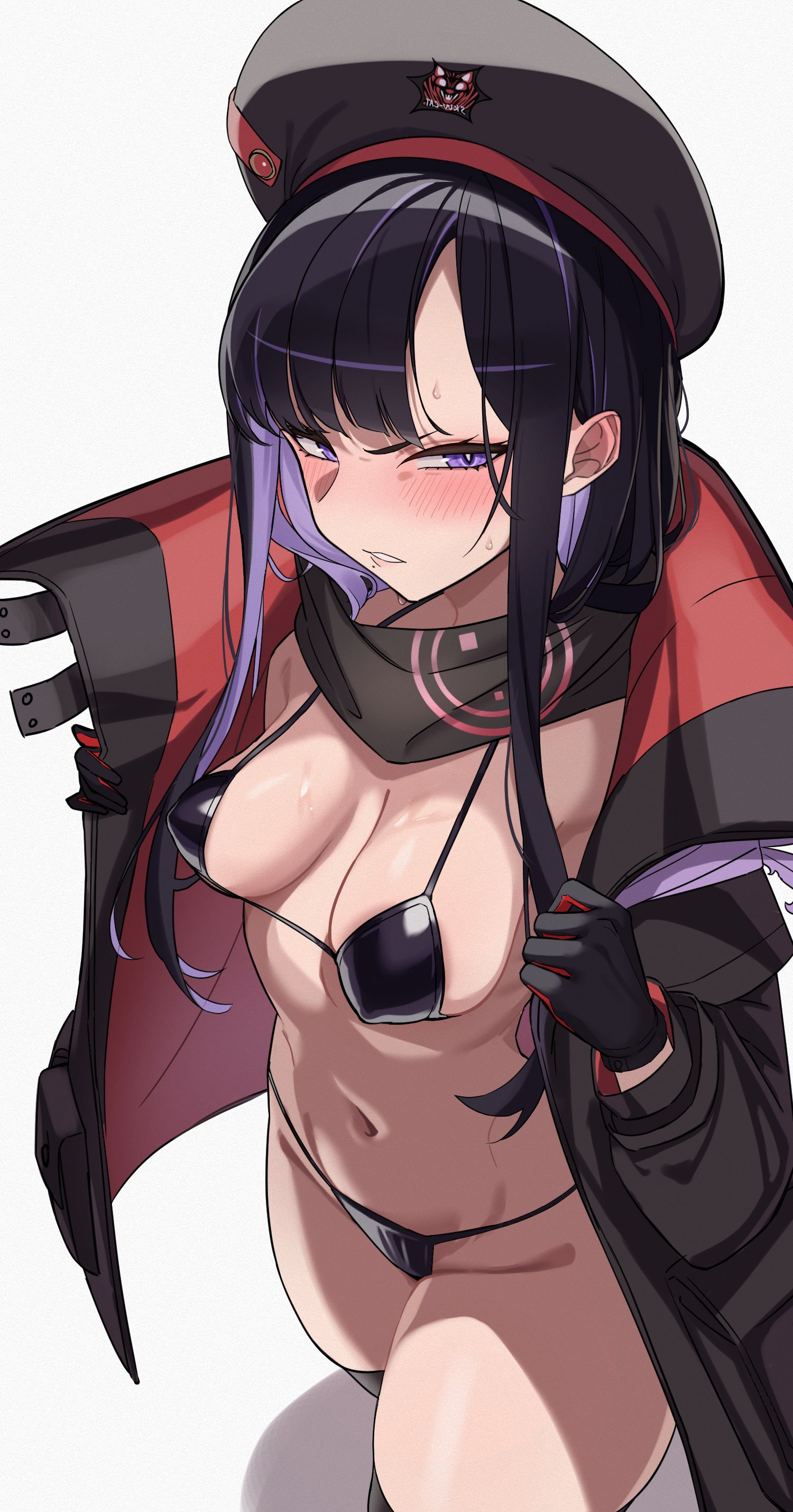 absurdres, angry, beret, bikini, black bikini, black coat, black gloves, black hair, breasts, coat, colored inner hair, covered erect nipples, disgust, eunhwa (nikke), eunhwa (tactical upgrade) (nikke), female, gloves, goddess of victory: nikke, hat, highres, large breasts, long hair, multicolored hair, navel, pissed off, purple eyes, purple hair, simple background, solo, stomach, swimsuit, thighs, two-tone hair, white background, yuina64nhk