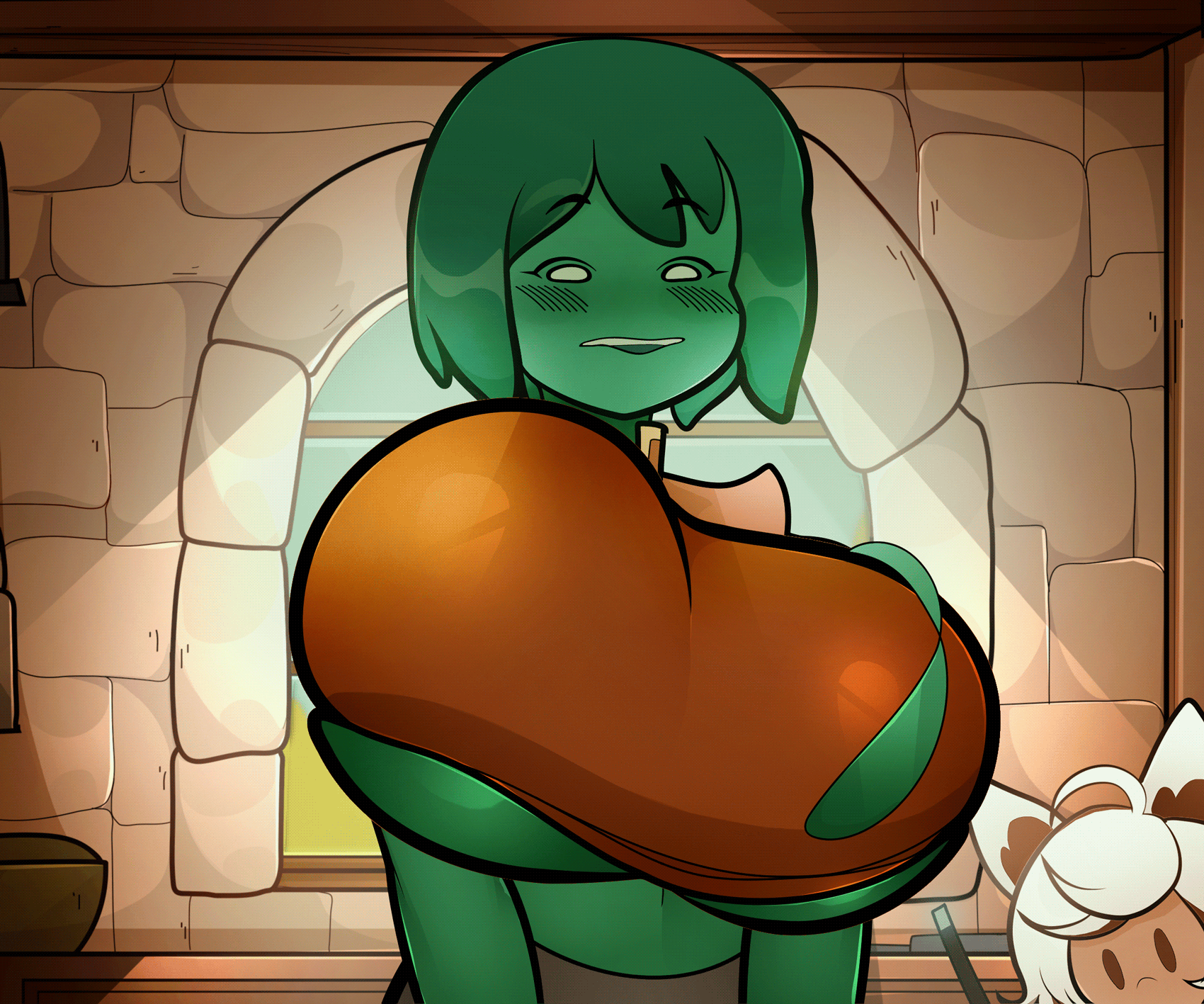 1boy, 1girls, 2d, 2d animation, animal ears, animated, animated gif, arkeus, big breasts, blush lines, borrowed character, breasts, clothed female, fanart, female, gif, huge breasts, magic wand, male, mob face, nyuru, oc, original, slime girl, underboob, wand, white eyes