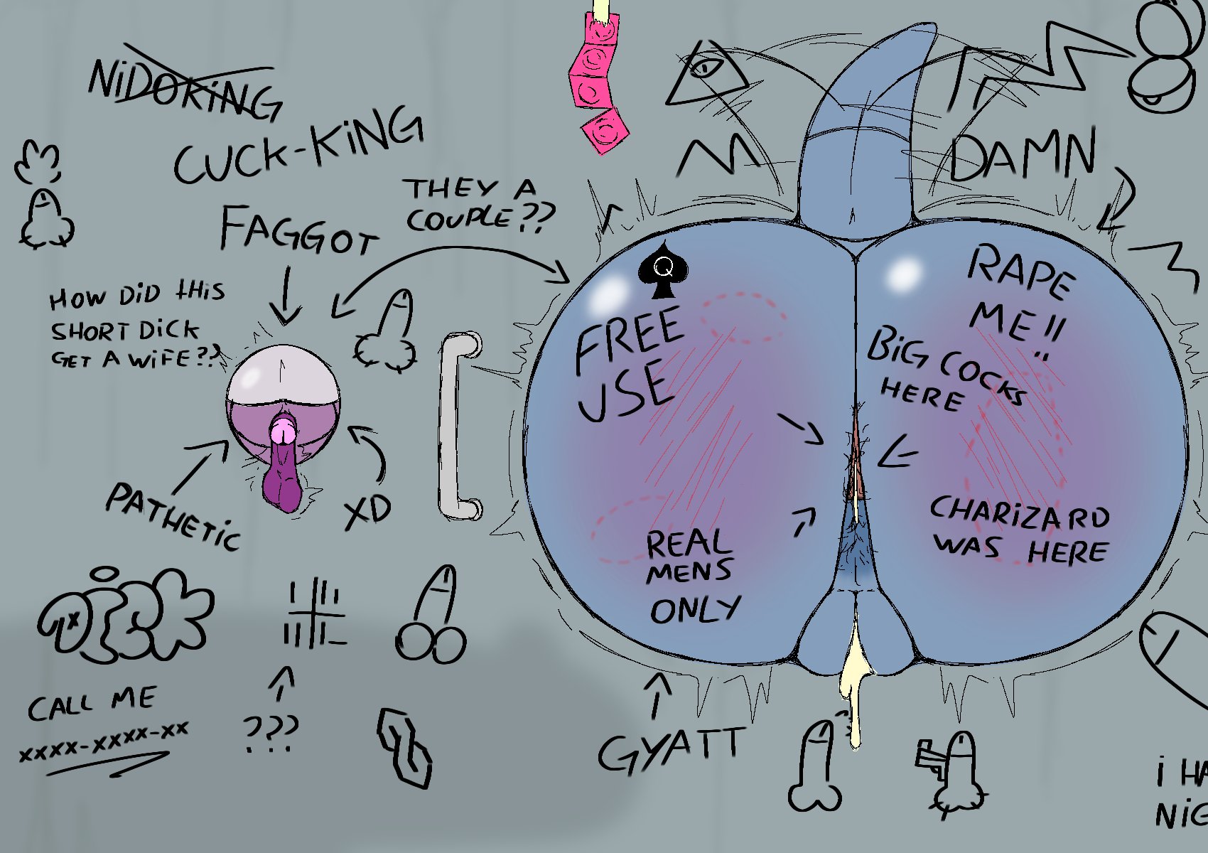 1boy, 1girls, after anal, after sex, after vaginal, anus, ass, balls, big ass, big butt, bite mark, bite mark on ass, bite marks, body writing, bubble butt, cheating, cheating pokemon, cheating wife, condom, condom packet strip, cuckold, cum, cum in ass, cum in pussy, cum inside, curvaceous, curvy, curvy figure, degradation text, english text, female, game freak, glory wall, hairy anus, handlebars, homophobic slur, huge ass, humiliation, lulusan98, male, micropenis, netorare, nidoking, nidoqueen, nintendo, penis, pokemon, pussy, queen of spades, small penis, small penis humiliation, tail, tailwag, text, uncensored, unseen female face, unseen male face, voluptuous, voluptuous female, wide hips