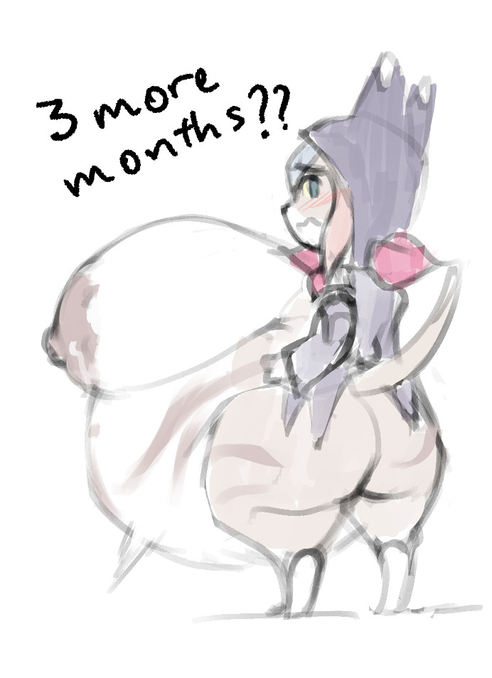 1girls, alternate breast size, areolae, areolar amelanism, belly, belly markings, big ass, big belly, blue eyes, bluesky link, blush, blush lines, breasts, cat ears, cat tail, coat, coattails, coffeeslice, colored sketch, english text, felyne, female, fetal movement, gigantic breasts, hand on hip, hood, huge areolae, huge belly, lactation, lactation without expressing, looking at viewer, monster hunter, monster hunter stories 2: wings of ruin, nipples, palico, paw on breast, paws, pink hair, pregnant, pregnant anthro, pregnant belly, pregnant female, scarf, shortstack, side view, sketch, solo, standing, stripes, tail, tan fur, thick thighs, topwear, tsukino (monster hunter stories), two tone fur, white background, white belly, white fur