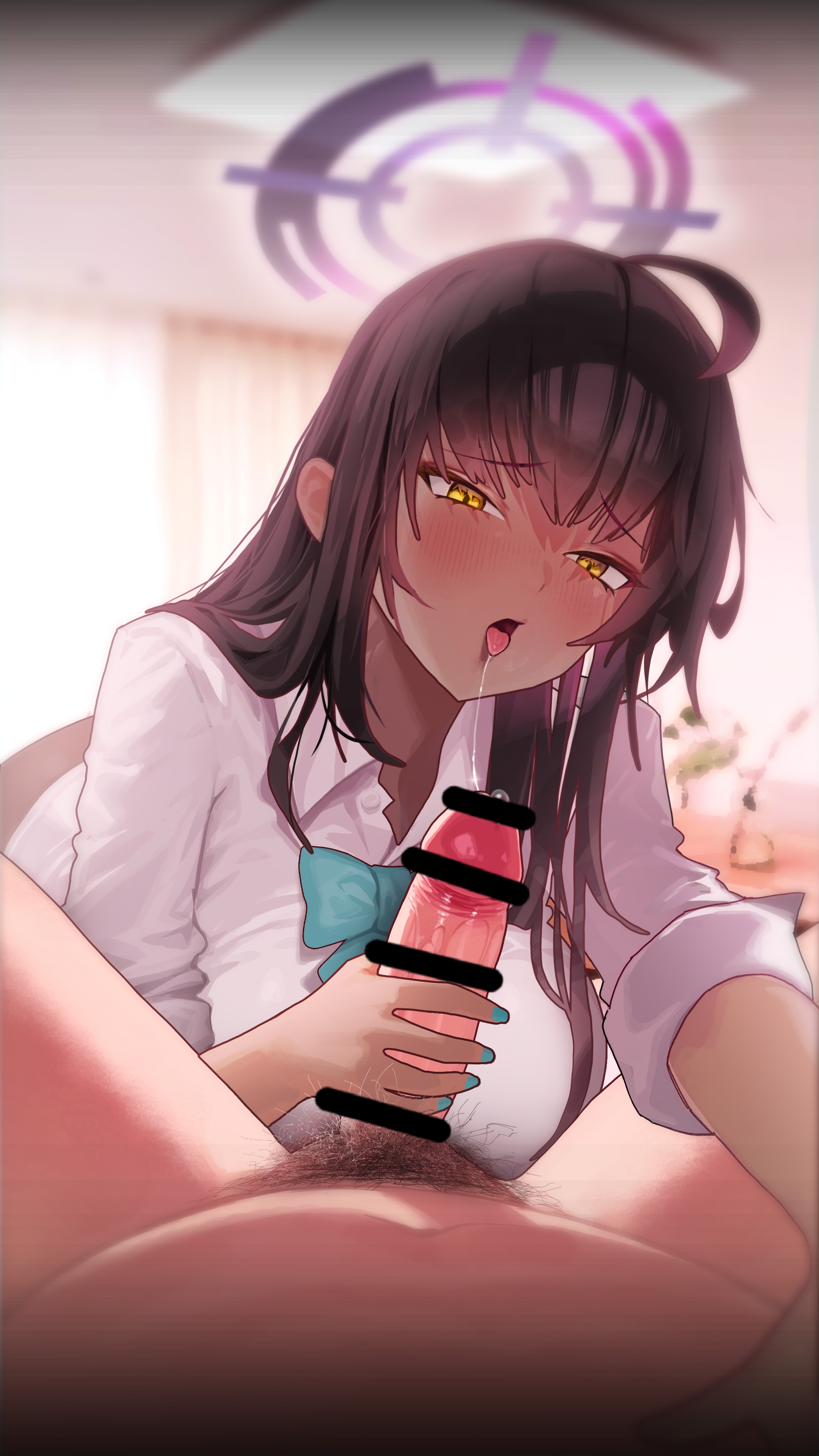 1boy, absurdres, ahoge, artistic error, bar censor, belt buckle, black hair, blue archive, blue nails, blurry, blurry background, blush, buckle, censored, collared shirt, commentary, dark skin, dark-skinned female, erection, fellatio, female, furrowed brow, glint, hair between eyes, hair over shoulder, halo, hand up, highres, indoors, karin (blue archive), karin (school uniform) (blue archive), long hair, long sleeves, male, male pubic hair, nail polish, nose blush, official alternate costume, open mouth, oral, penis, penis grab, pov, pov crotch, precum, pubic hair, purple halo, raebeko, saliva, saliva trail, school uniform, shirt, sleeves rolled up, solo focus, straight, tongue, tongue out, tsurime, upper body, white shirt, yellow eyes