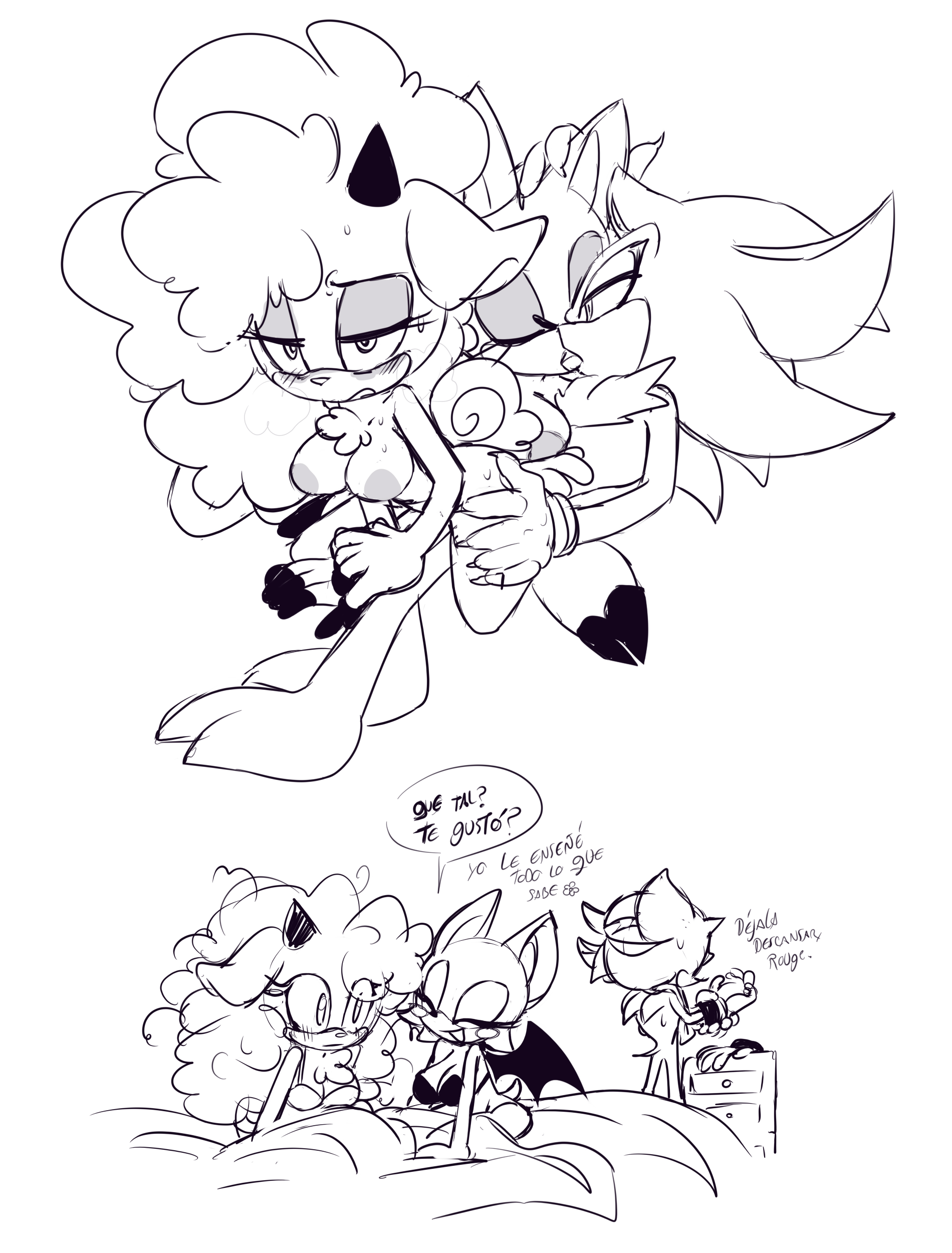 1boy, 2girls, after sex, benshir, big breasts, breasts, changing clothes, female, ffm threesome, french kiss, hooved fingers, hooves, lanolin the sheep, male, messy hair, rouge the bat, sega, shadow the hedgehog, sheep, sketch, sonic (series), sonic the hedgehog (comics), sonic the hedgehog (idw), sonic the hedgehog (series), spanish dialogue, spanish text, threesome