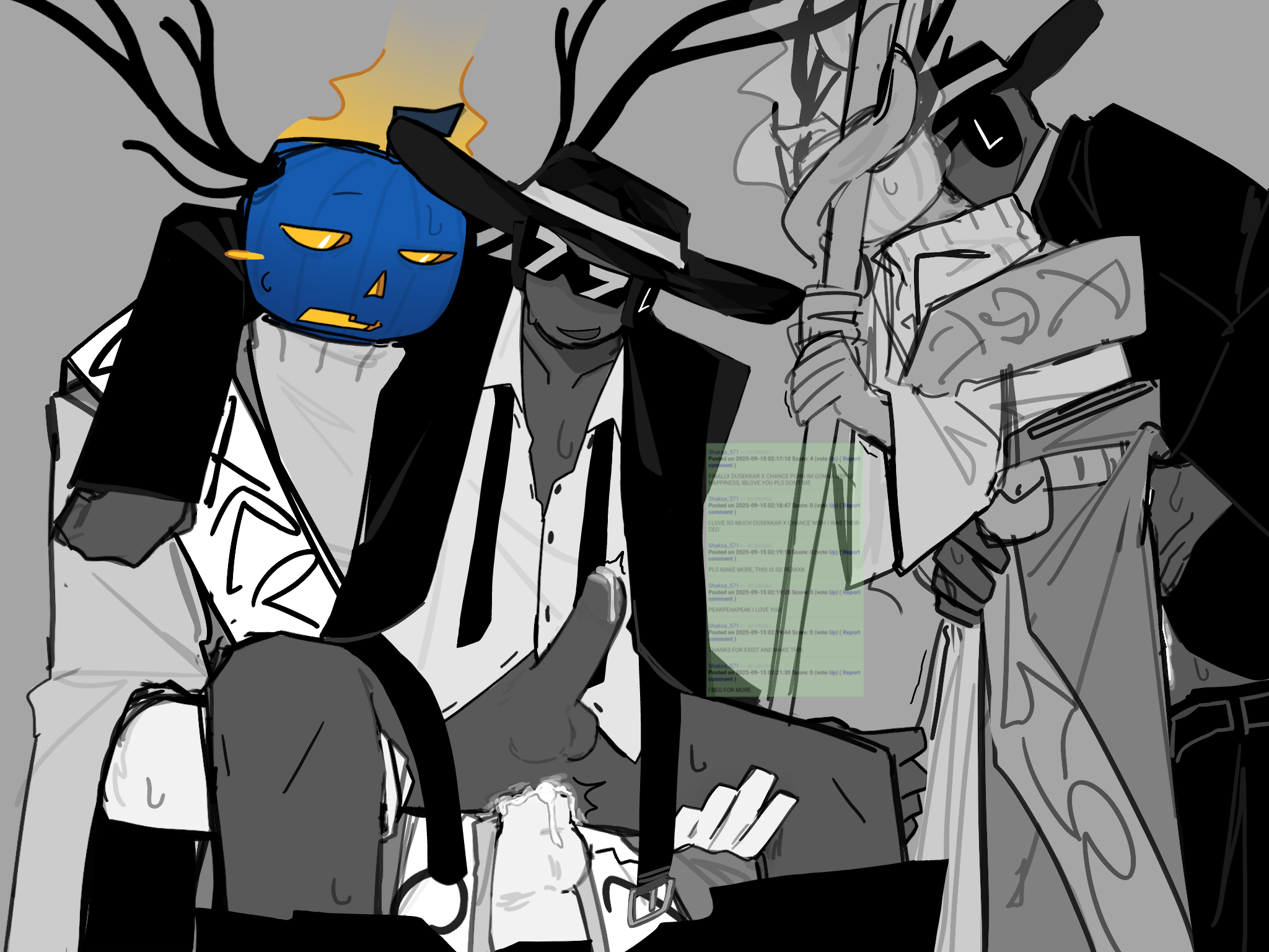 anal, anal sex, antlers, balls, blush, chance (forsaken), cum, cum in ass, dripping cum, dusekkar (forsaken), forsaken (roblox), fully clothed, gay, gay sex, male, male only, pants down, penis, roblox, roblox game, robloxian, rule 34 comment, self upload, sweat, tagme, tagme (artist)