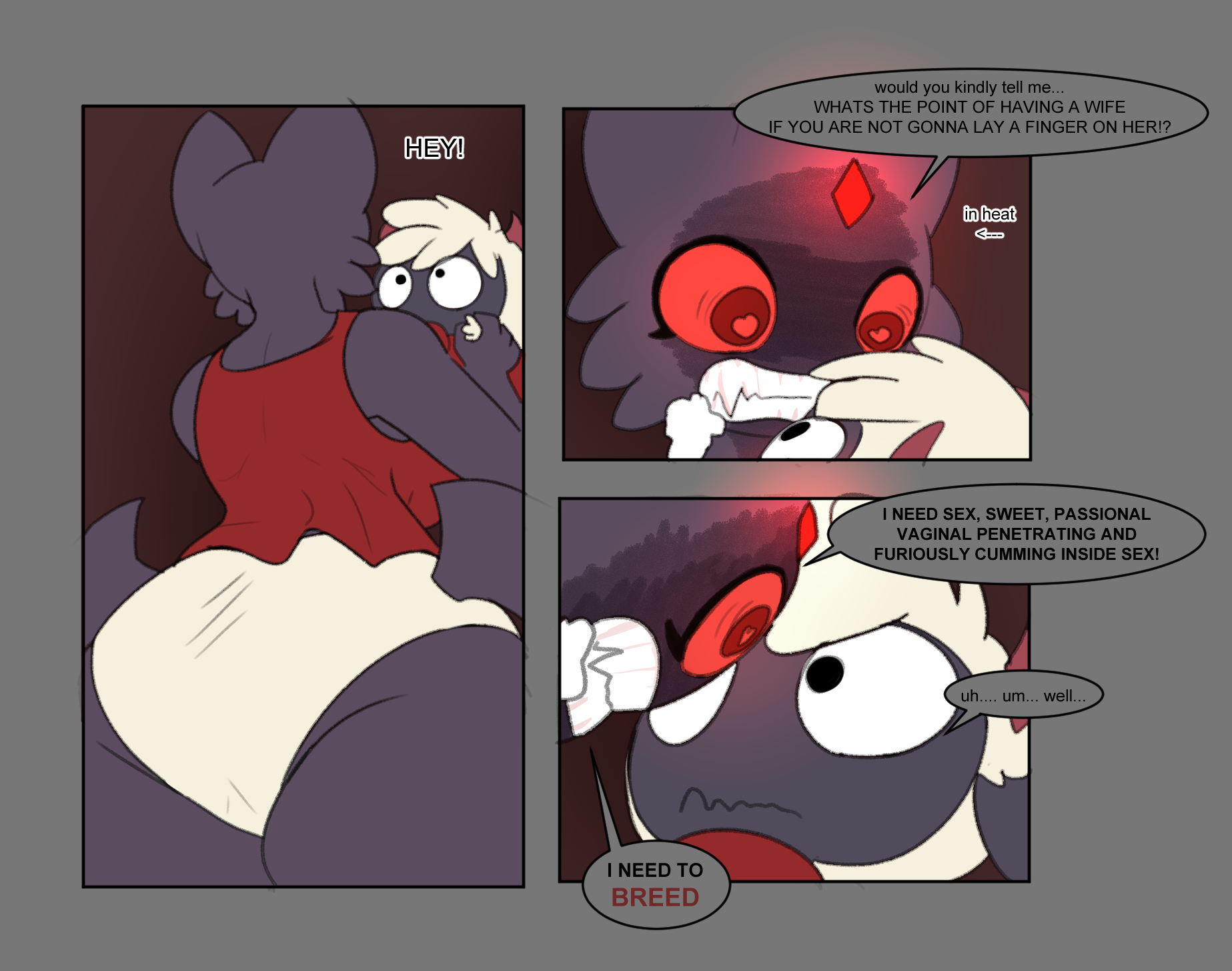 1boy, 1girls, 3koma, anthro, ass focus, big ass, clothed, comic, cult of the lamb, dialogue, english text, female, femdom, furry, grabbing, hi res, highres, in heat, king of sorrow (artist), lamb (cult of the lamb), male, mashed, red eyes, ruri (cult of the lamb), simple background, simple shading, size difference, tagme, text, text bubble, white fur
