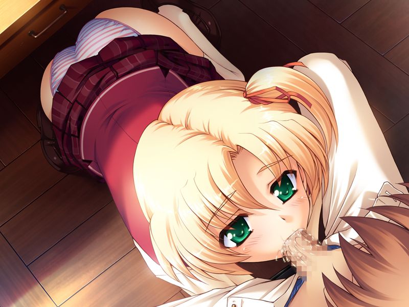 all fours, artist request, blonde hair, blush, character request, fellatio, female, game cg, green eyes, oral, panties, school uniform, short hair, skirt, source request, tagme, under the table