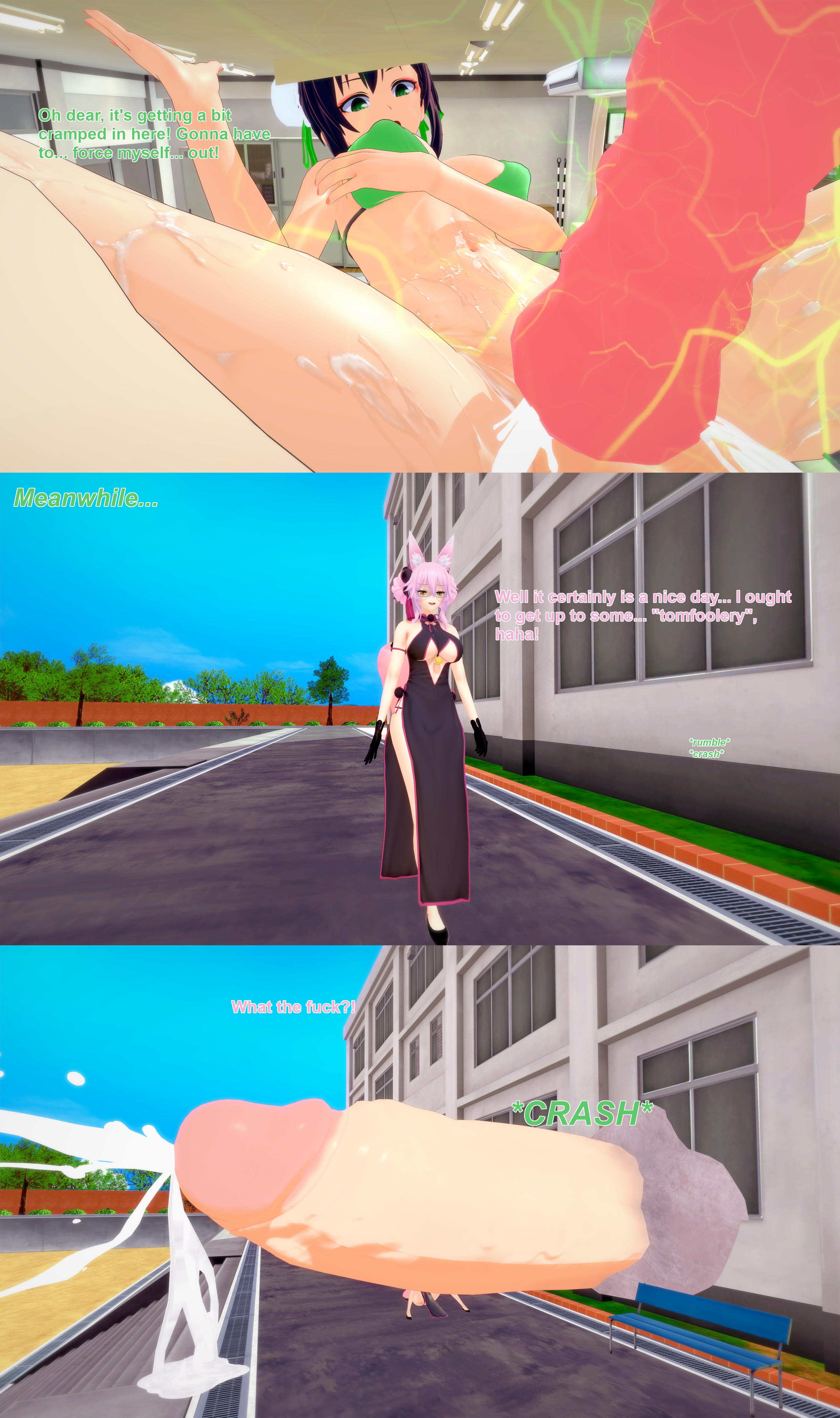 1futa, 2girls, 3d, bikini, black hair, body growth, body growth (enlargement), breasts, cum, cum in onahole, ejaculation, english text, fate (series), fate/grand order, female, futa giantess, futanari, giantess, giantess futa, growth, huge cock, intersex, koikatsu, koyanskaya (fate), onahole, outgrowing building, penis, qin liangyu (fate), room filling, shrunken female, swimsuit, tagme, text, xavierhuge