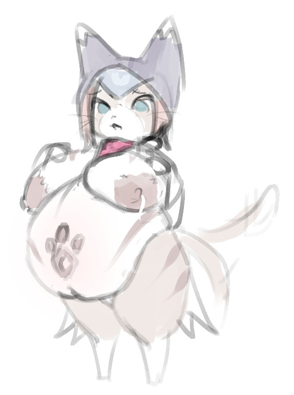 1girls, alternate breast size, areolae, areolar amelanism, belly markings, big areolae, big breasts, blue eyes, bluesky link, breasts, cat ears, cat tail, coffeeslice, colored sketch, felyne, female, furry, hand on breast, hood, huge areolae, humanoid, lactation, lactation without expressing, looking at self, monster hunter, monster hunter stories 2: wings of ruin, navel, nipples, palico, paw on breast, paw print pattern, paws, pink hair, pregnant, pregnant anthro, pregnant belly, pregnant female, scarf, sketch, solo, standing, stripes, tail, tan fur, thick thighs, tsukino (monster hunter stories), two tone fur, wagging tail, whiskers, white background, white belly, white fur