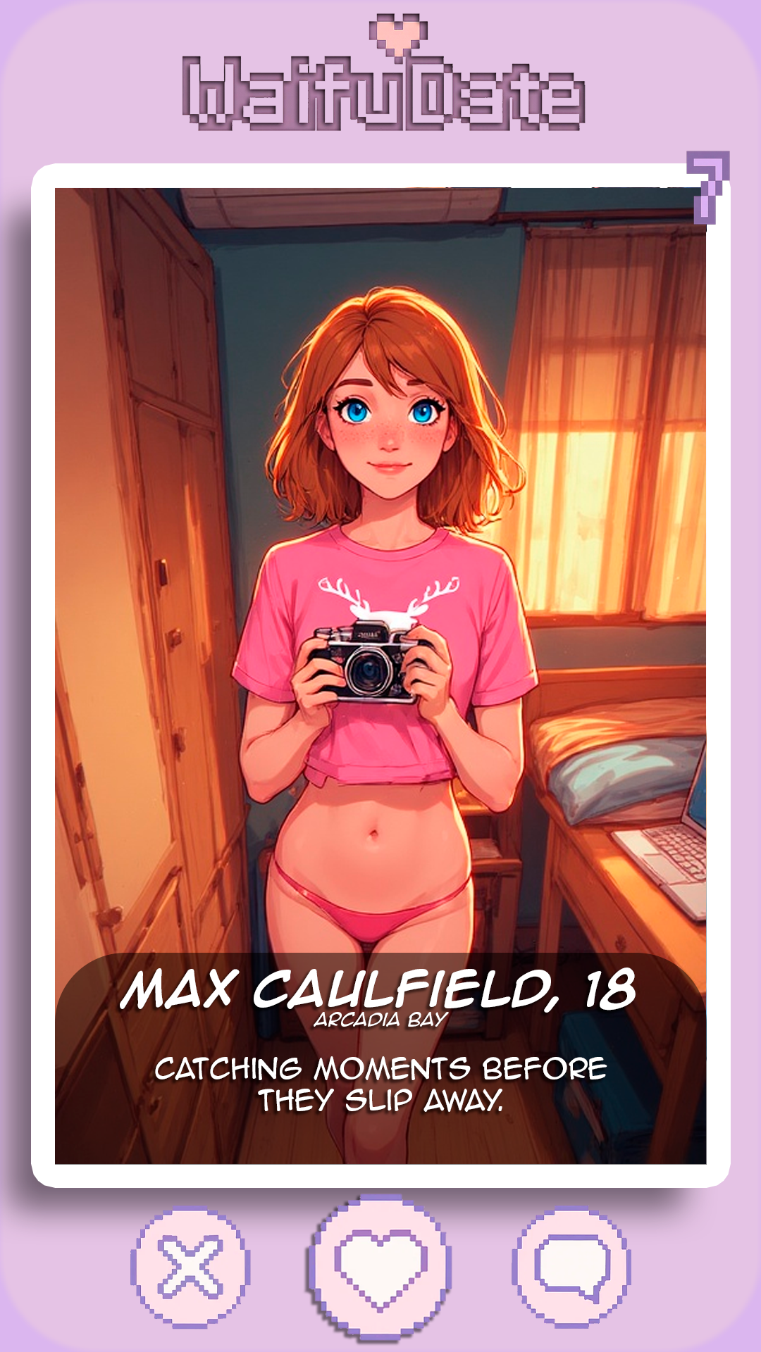 1girls, 2d, ai assisted, ai generated, belly button, blue eyes, breasts, brown hair, crop top, female, life is strange, max caulfield, panties, petite, selfie, short hair, small breasts, small waist, student, ultimate waifu project