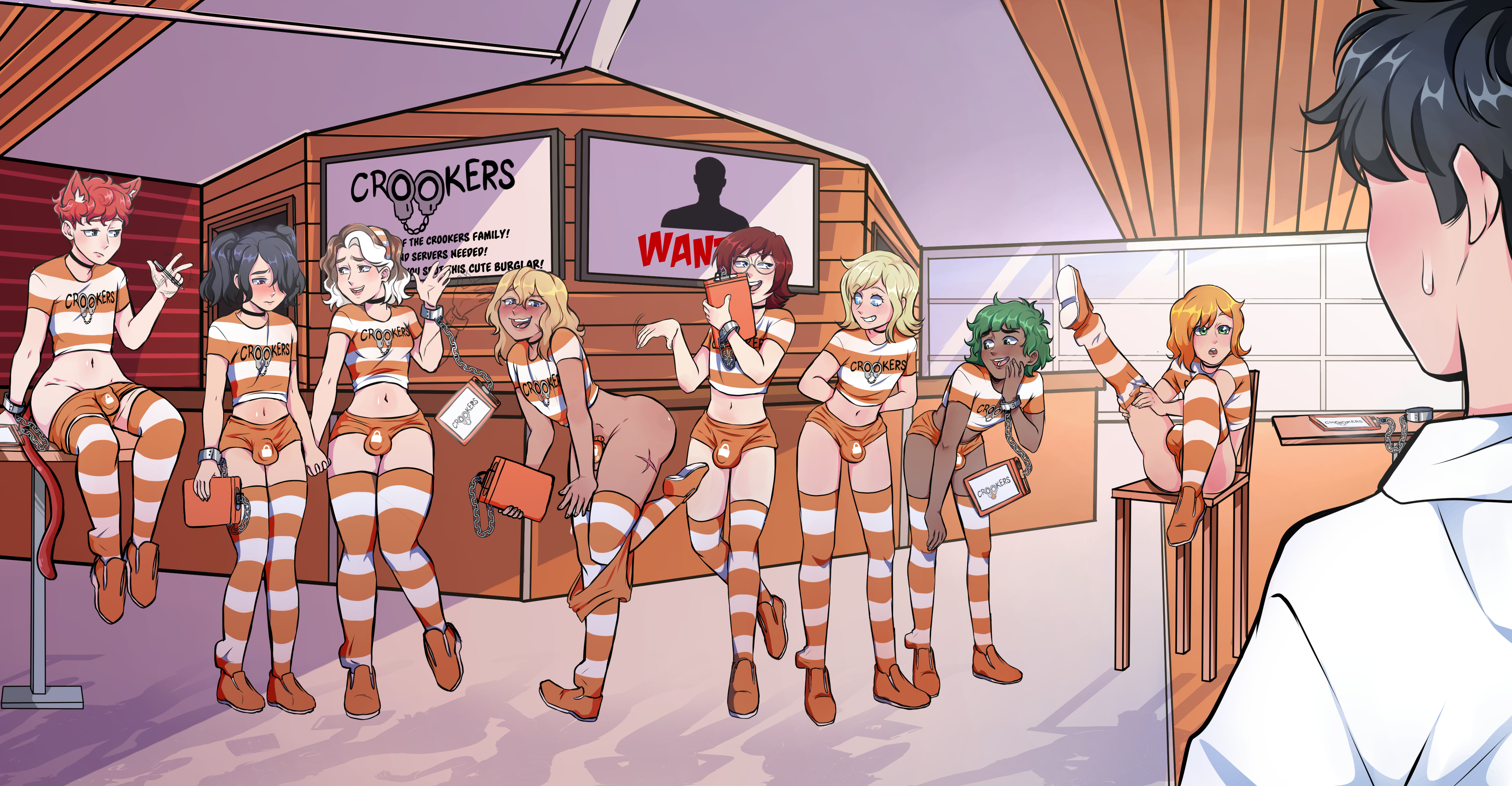 8boys, 9boys, black hair, black skin, blonde hair, brown hair, brown skin, chains, chair, chastity, chastity device, chocolate and vanilla, cuffs, dark skin, dark-skinned femboy, dark-skinned male, dark-skinned sissy, dark-skinned twink, dyed hair, femboy, femboy only, femboys, feminine male, glasses, green hair, grinning, hair, hair dye, hooters uniform, inmate, jail, long hair, male, male focus, male only, medium hair, multiple boys, multiple males, orange clothing, orange hair, pale skin, panties, prison, prisoner, red hair, restrained, restrained arms, restrained legs, restraints, seductive, seductive look, short hair, smiling, smirk, striped clothing, stripes, tanned, tanned skin, thighhighs, thighs, white hair, white skin