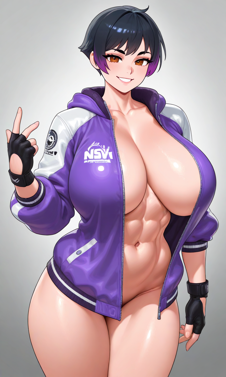 1girls, abs, ai generated, black hair, breasts, female, fingerless gloves, huge breasts, jacket, kosine1777, naked jacket, namco, open jacket, purple highlights, reina mishima, short hair, tekken, tekken 8, tomboy, toned, toned body, toned female, toned stomach