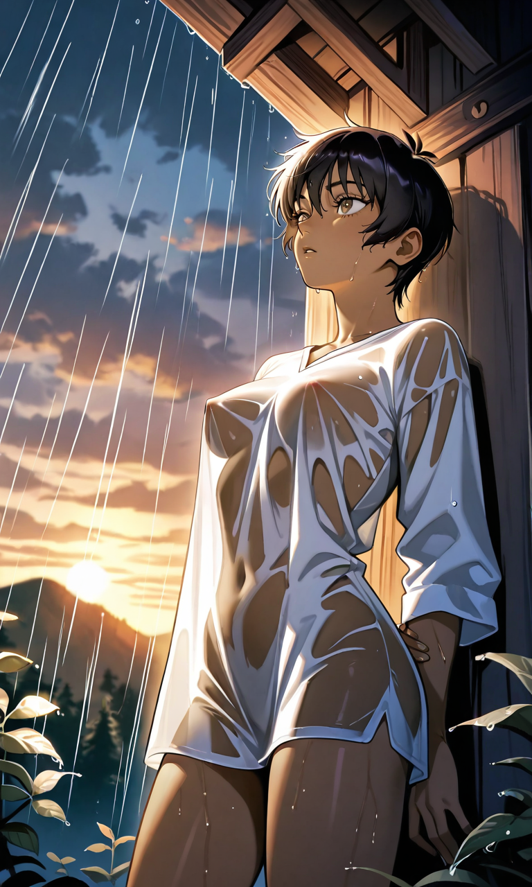 ai generated, berserk, black hair, brown eyes, casca, covered navel, covered nipples, covered pussy, dark-skinned female, dusk, female, naked, naked shirt, naked under clothes, nipples visible through clothing, nude, pussy, rain, raining, see-through clothing, seinen, shirt, shirt only, short hair, tomboy, transparent clothing, wet clothes, wet hair, wet skin