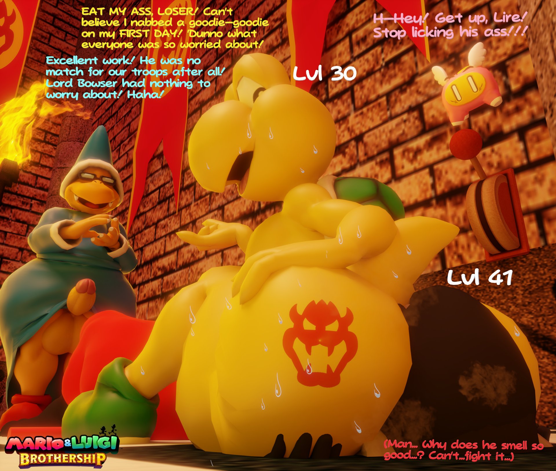 3boys, 3d, anthro, ass, balls, ballsack, big ass, big butt, big cock, big penis, bowser tattoo, bubble butt, butt tattoo, cock, doommusk, eating ass, english text, erection, eyewear, facesitting, furry, furry only, gay, glasses, humiliation, kamek, koopa, koopa troopa, koopaling, licking ass, lire (doommusk), magikoopa, male, male only, mario (series), mario and luigi: brothership, monkey, naked, nude, penis, property, rimming, rimming male, robes, scalie, sitting on face, sitting on person, sniffing ass, snoutlet, swamp ass, sweat, sweating, sweaty, sweaty butt, sweaty male, talking, talking to another, tattoo, testicles, text, turtle