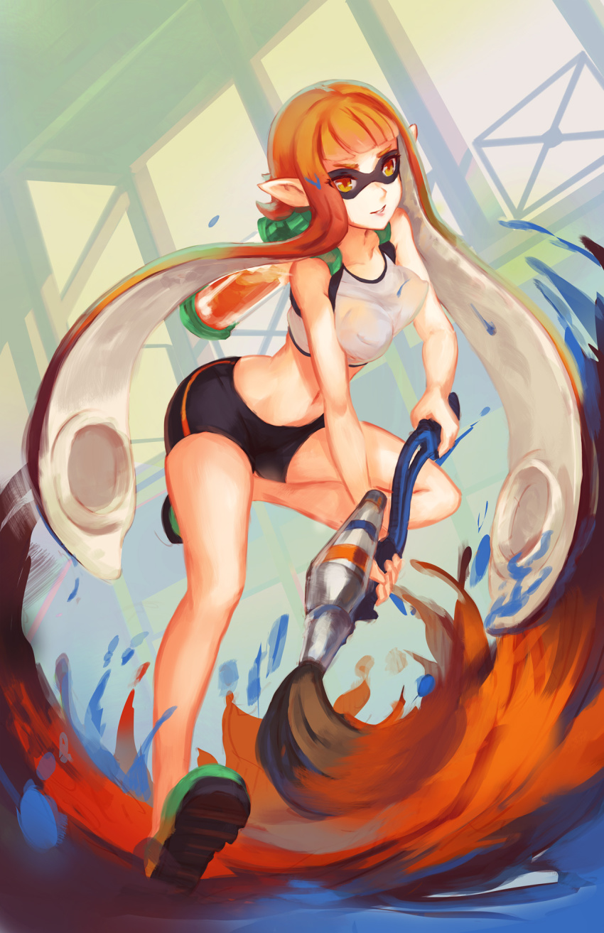 breasts cephalopod cephalopod_humanoid doomfest erect_nipples female ink inkling inkling_girl kaori_(splatoon) mask_(marking) nintendo orange_eyes orange_hair orange_ink paintbrush pointy_ears shorts smooth_skin solo splatoon squid tentacle tentacle_hair wet_shirt