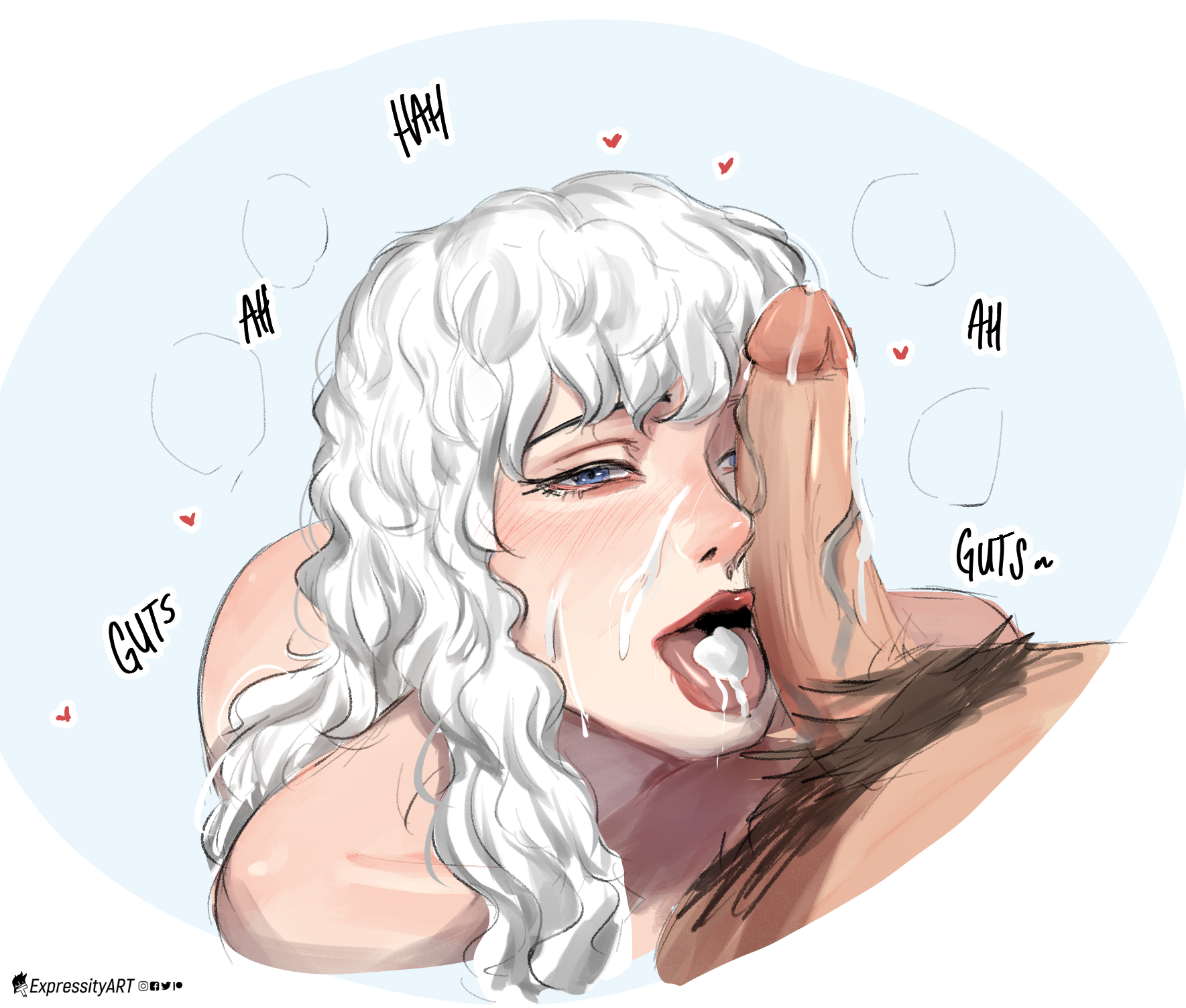 2boys, after fellatio, after oral, ass out, berserk, blue eyes, cum, cum in mouth, cum on face, cum on penis, dark-skinned male, expressityart, femboy, feminine male, gay, gay sex, griffith, guts (berserk), large penis, lewd, light-skinned male, long hair, male only, male/male, penis on face, penis out, pubes, pubic hair, twink, yaoi