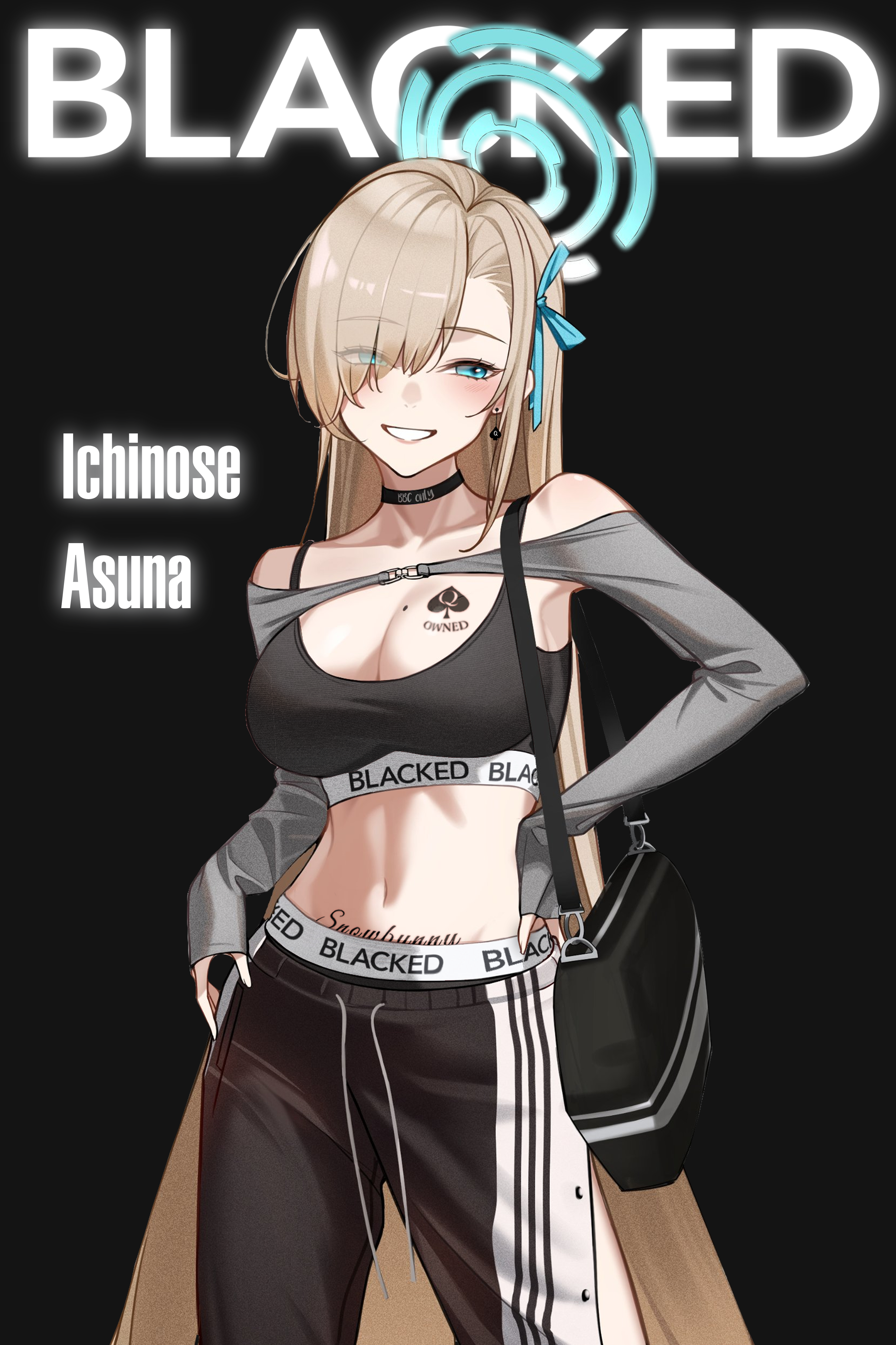 1girls, asuna (blue archive), blacked, blacked clothing, blonde hair, blue archive, choker, cleavage, female, magazine cover, qos, qos tattoo, queen of spades, queen of spades symbol, snowbunny, snowbunny tattoo, spade earrings, spade tattoo, sports bra, tattoo, tattoo on belly, tattoo on chest, third-party edit