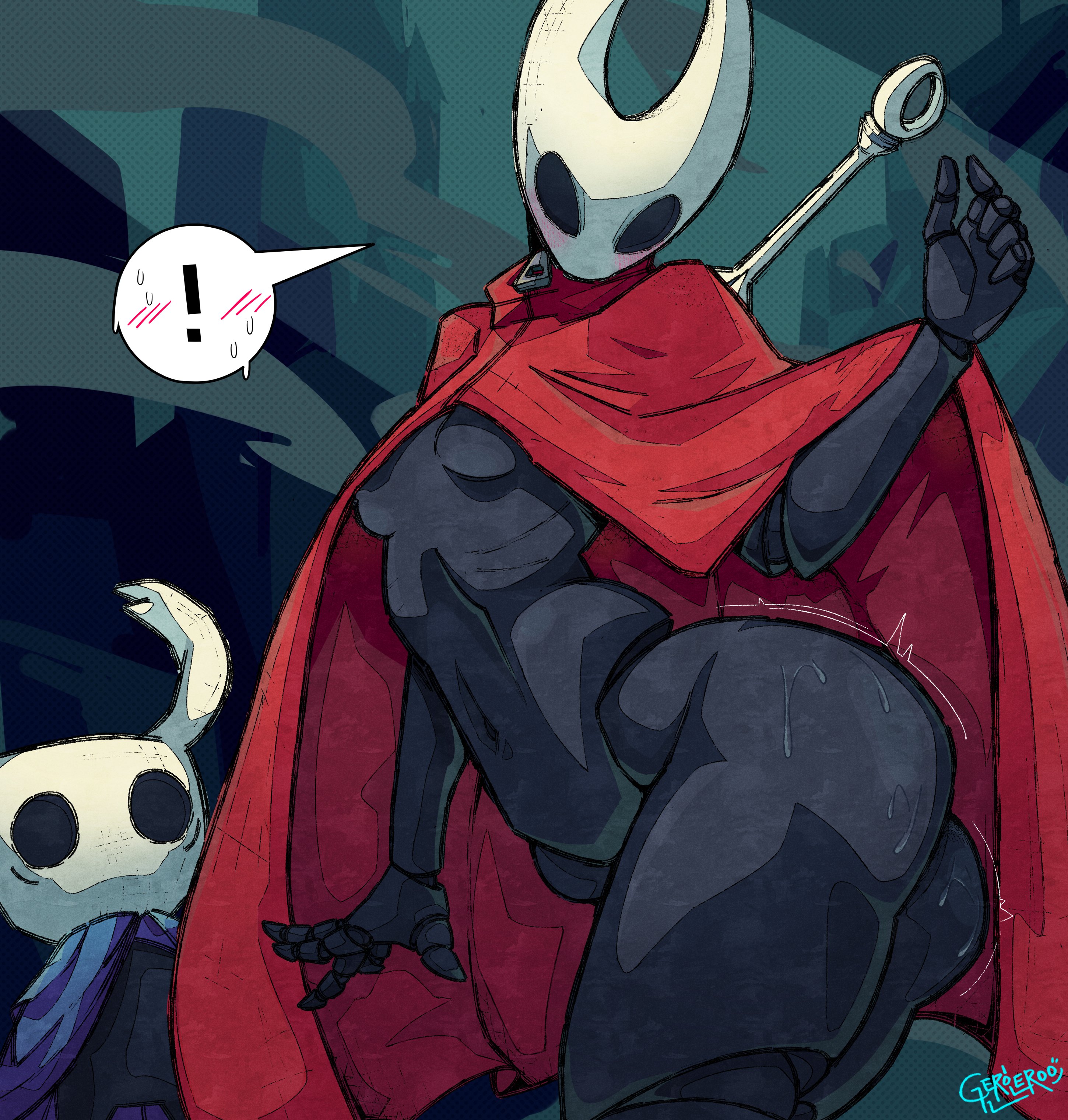 !, 1boy, 1girls, 2 horns, arthropod, ass, big ass, big butt, big thighs, black body, black skin, blush, blushing at viewer, breasts, bug, bug girl, butt, female, gerolewd, giantess, gigantic ass, gigantic thighs, hollow knight, hornet (hollow knight), huge ass, huge thighs, insect girl, insectoid, insects, large ass, large butt, larger female, male, non-mammal breasts, protagonist (hollow knight), small breasts, smaller male, sweat, sweatdrop, sweating, tagme, taller female, team cherry, the knight (hollow knight), thick thighs, thighs