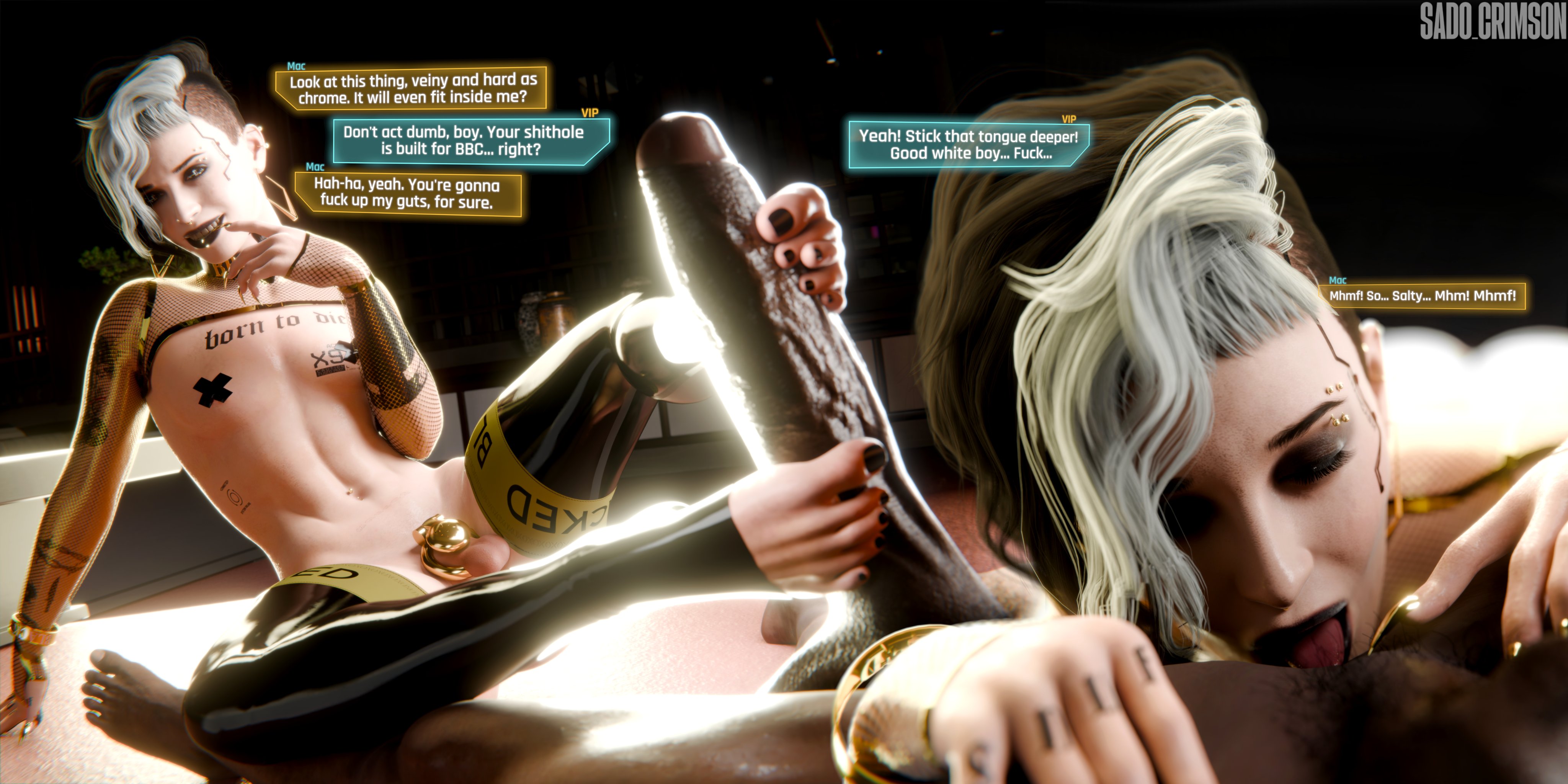 1boy, 3d, black lipstick, blacked, blacked clothing, bolero, chastity, chastity cage, chastity device, club spade, crossdressing, cyberpunk (series), cyberpunk 2077, dark penis, dark-skinned male, dialogue, dialogue box, english text, femboy, fishnets, foot fetish, footjob, gay, gold nail polish, interracial, large penis, latex, latex legwear, latex stockings, legwear, licking ass, light-skinned male, long fingernails, long nails, mac (sadocrimson3d), makeup, male, metallic nail polish, penis, pierced ears, pierced eyebrow, pierced nipples, pierced nose, piercing, prostitution, sadocrimson3d, short hair, sissy, stockings, tattoo, tattoos, text, yaoi