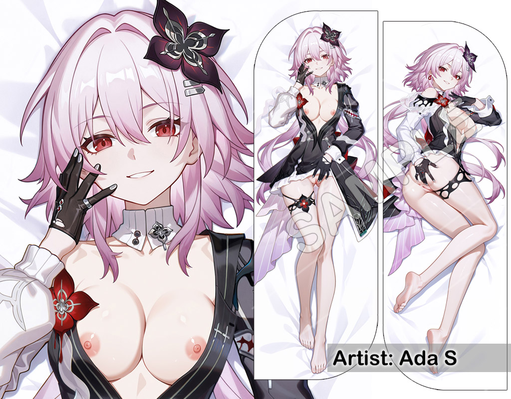 1girls, ada s, ai, ai generated, black gloves, black jacket, dakimakura, dakimakura design, evernight (honkai: star rail), female, honkai (series), honkai: star rail, looking at viewer, moemarket, pink hair, red eyes, teeth, white shirt