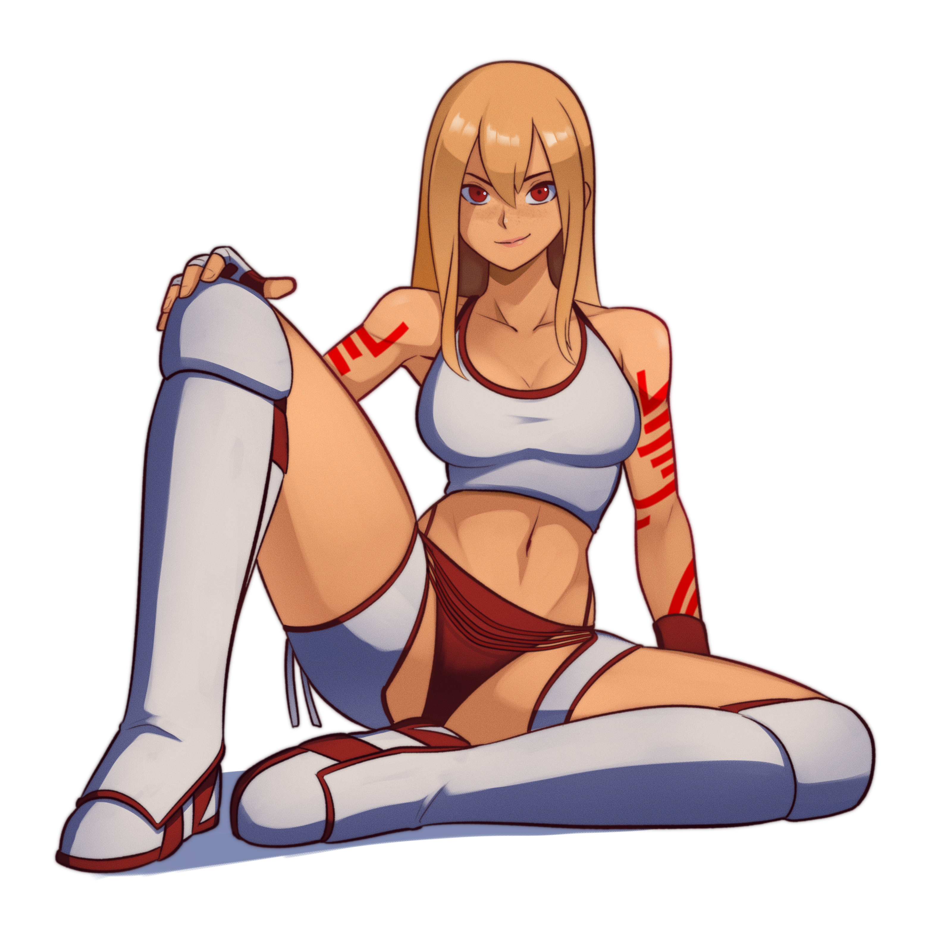 1girls, blonde hair, clothing, commission, commissioner upload, female, female only, freckles, jeane (nmh), no more heroes, not porn, red eyes, simple background, sitting, smgold, smirk, solo, solo focus, tattooed arm, tattoos, white background, wrestling outfit