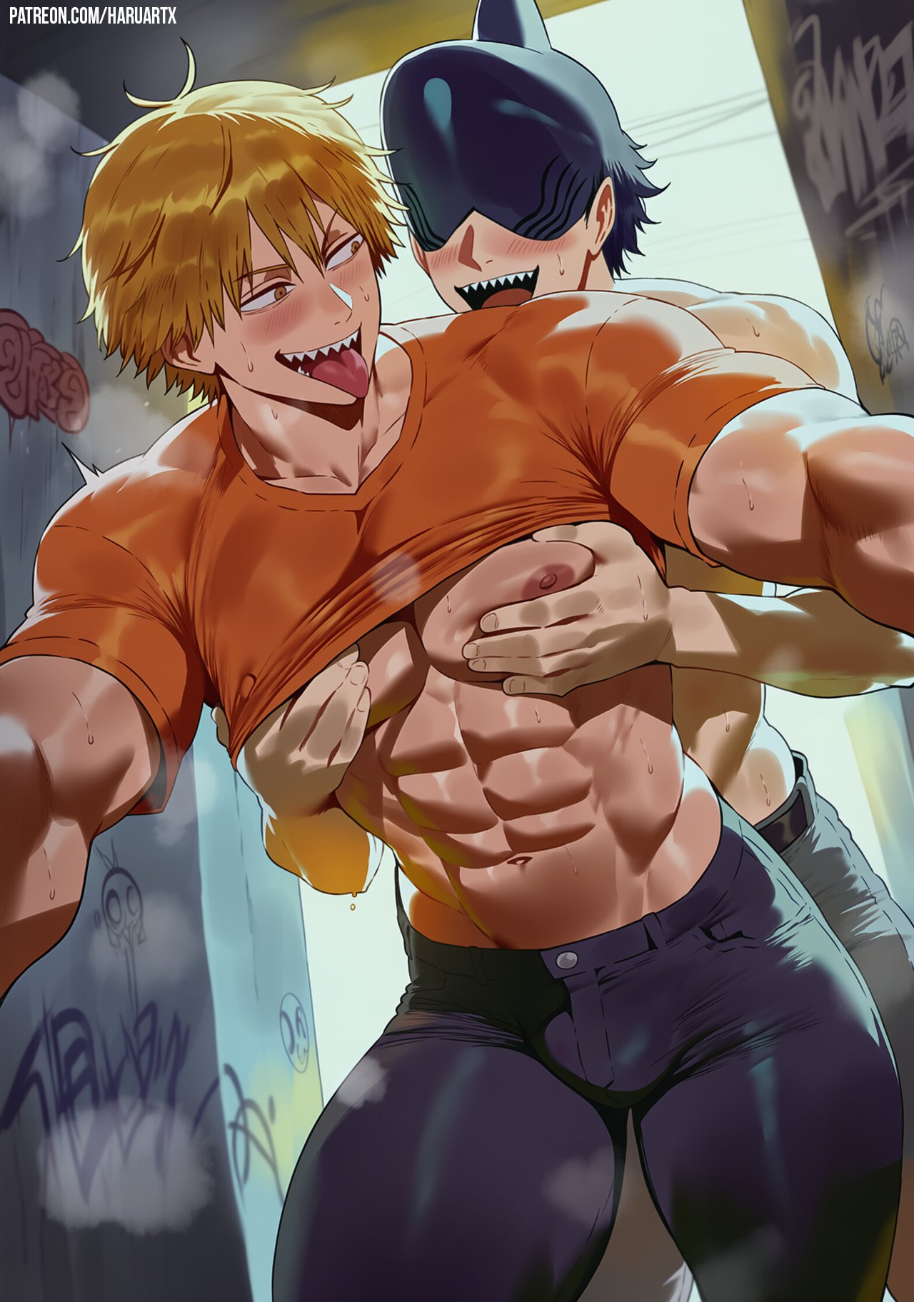 ai generated, big muscles, chainsaw man, denji (chainsaw man), gay, haruartx, male, muscles