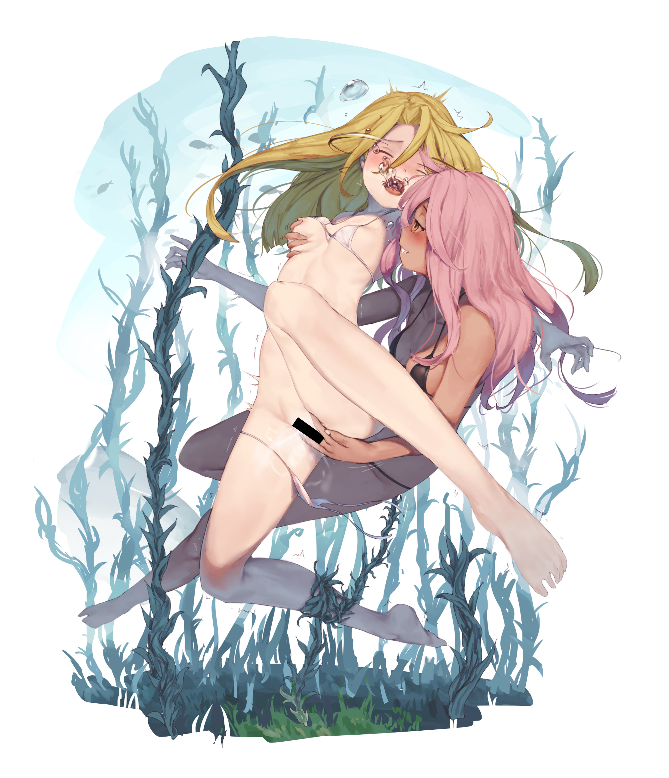 2girls, absurdres, bar censor, barefoot, blonde hair, breasts, censored, chloe von einzbern, closed eyes, fate (series), fate/kaleid liner prisma illya, female, female only, fingering, grabbing another's breast, groping, highres, illyasviel von einzbern, long hair, looking at another, medium breasts, multiple females, multiple girls, open mouth, pink hair, rou (rou22), smile, toes, underwater, yuri