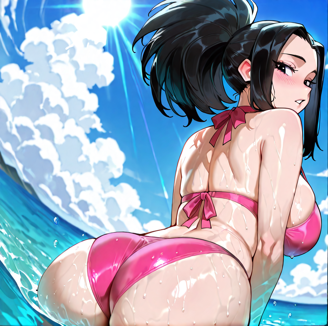 1girls, ai generated, ass, ass focus, big ass, big breasts, bikini, black hair, boku no hero academia, breasts, female, female only, in water, large ass, light-skinned female, looking at viewer, looking back, momo yaoyorozu, my hero academia, outside, ponytail, solo, stable diffusion, wet body